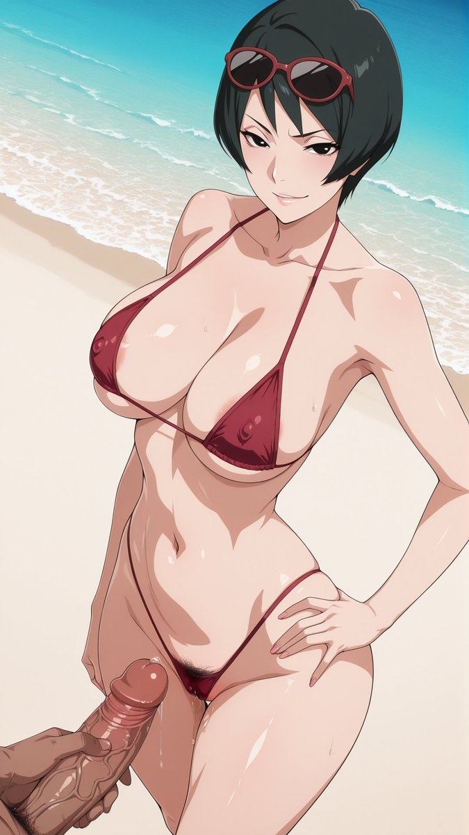 1boy, 1girls, ai generated, bangs, beach, before sex, big breasts, bikini, bikini top, bikini top only, black eyes, black hair, blush, boruto: naruto next generations, breast focus, breasts, cleavage, collarbone, curvaceous, curvy, curvy body, curvy female, curvy figure, dark skin, dark-skinned male, faceless male, facing viewer, female, front view, hand on hip, holding penis, huge breasts, interracial, kurotsuchi, light skin, light-skinned female, looking at partner, looking at partner's penis, looking at penis, looking at viewer, mature, mature female, milf, naruto, naruto (series), naughty, naughty face, naughty smile, ocean, oppai, outdoors, penis, penis grab, pervygrapes, pinup, pixie cut, plain background, presenting, presenting breasts, presenting penis, red bikini, sand, seaside, seducing, seduction, seductive, seductive body, seductive eyes, seductive look, seductive mouth, seductive pose, seductive smile, short hair, slim waist, smile, smirk, solo, sunglasses, sunglasses on head, swimsuit, tsuchikage, upper body, voluptuous, water, wide hips