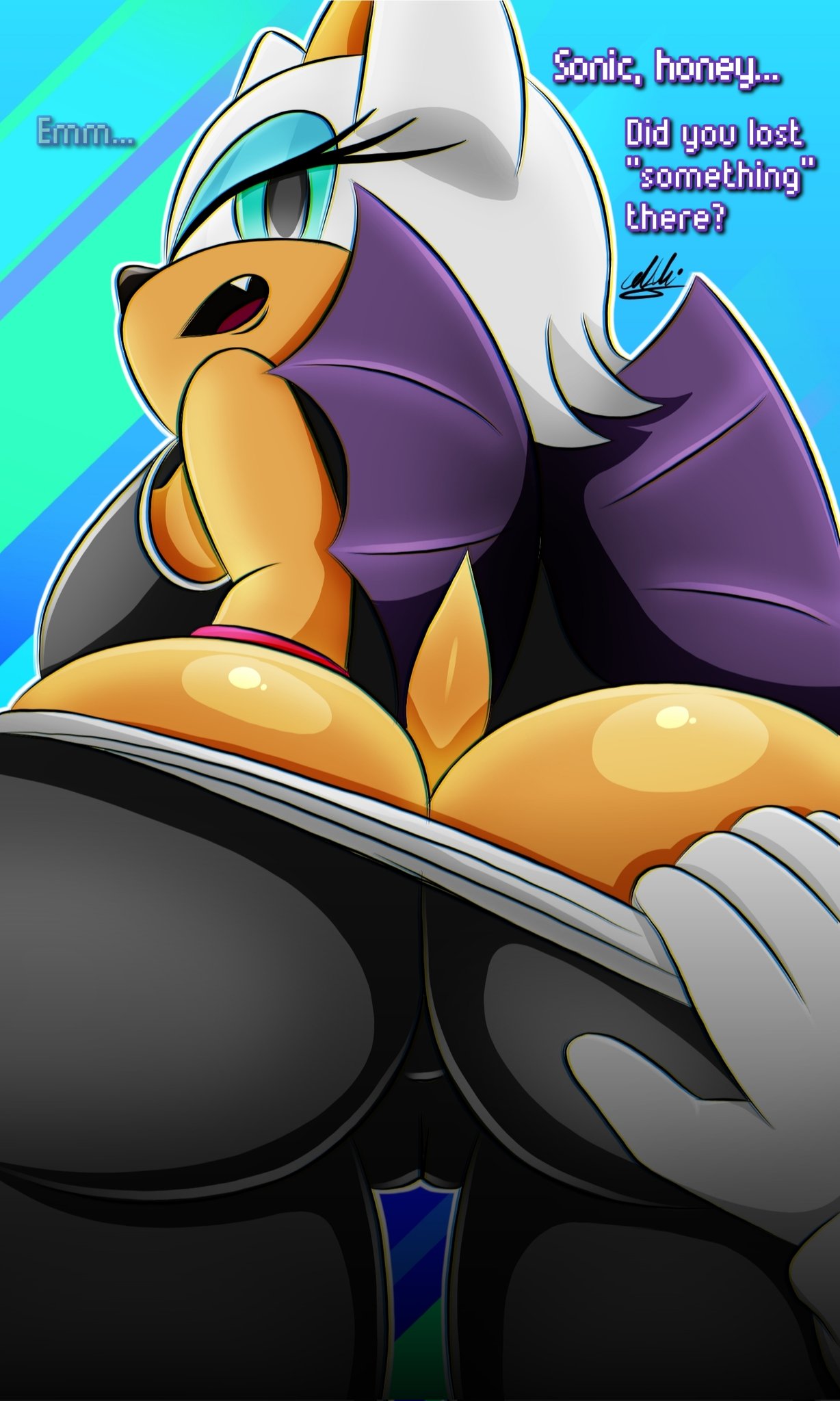 1boy, 1girls, anthro, anthro female, anthro only, back view, bat, big ass, big breasts, big butt, breasts, english, english dialogue, english text, fat ass, female, female anthro, flashing, flashing ass, furry female, furry male, furry only, hedgehog, interspecies, looking at viewer, looking back, lowering pants, male, male anthro, mobian (species), rouge the bat, sonic (series), sonic riders, sonic the hedgehog, sonic the hedgehog (series), srr18 (artist)