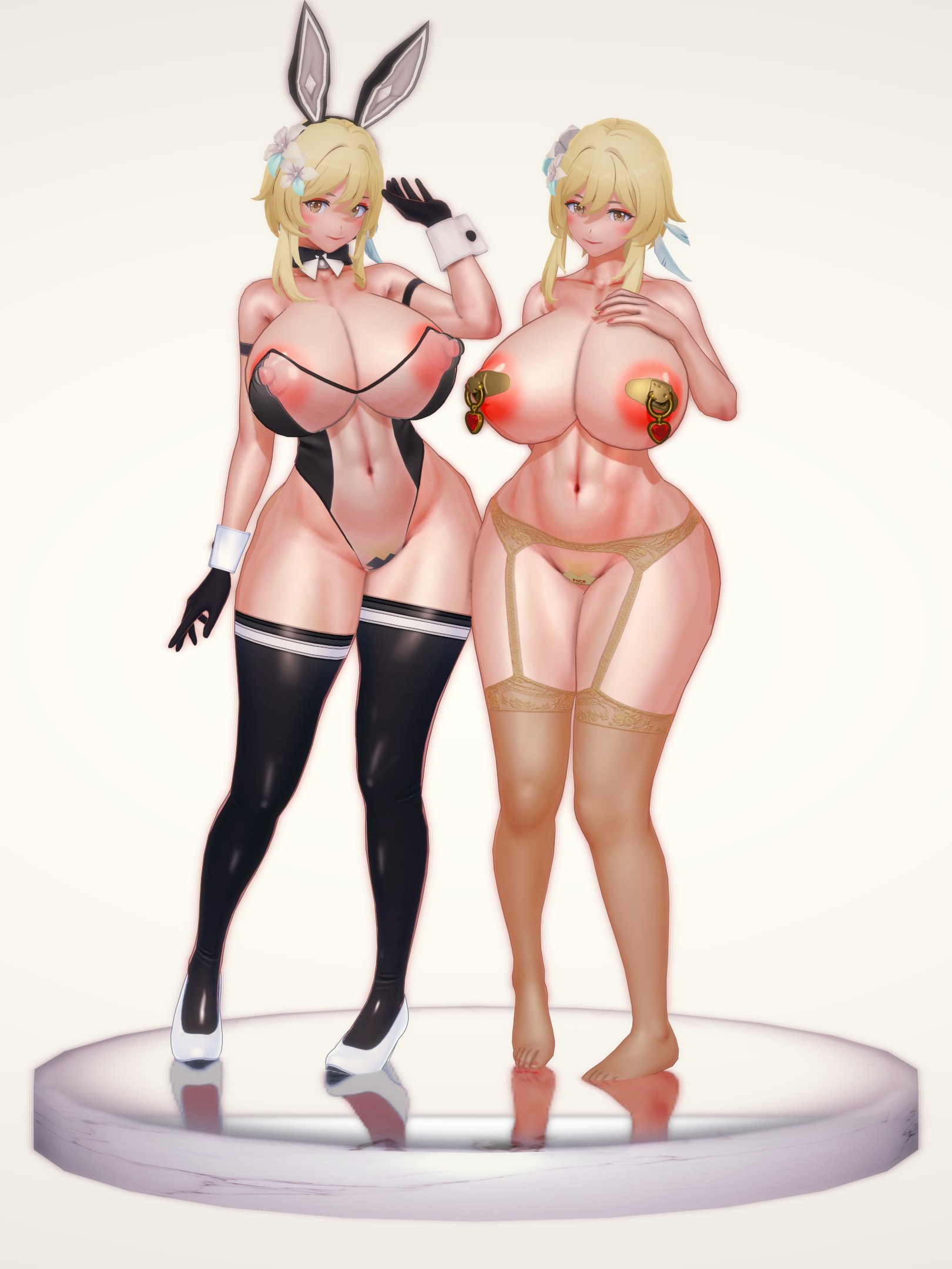 big breasts, blonde female, blonde hair, blonde-haired female, breasts, bunny costume, bunny ears, bunny girl, bunnysuit, character release (koikatsu), female, genshin impact, hair, hair ornament, koikatsu, large breasts, light skin, light-skinned female, lumine (genshin impact), solo, solo female, solo focus, taf4mad, thick thighs, voluptuous, voluptuous female