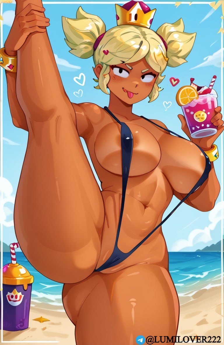 ai generated, ass, beach, bikini, blonde hair, brawl stars, breasts, dark skin, female, female only, half naked, huge ass, huge breasts, leg up, lumilover222, mandy (brawl stars)