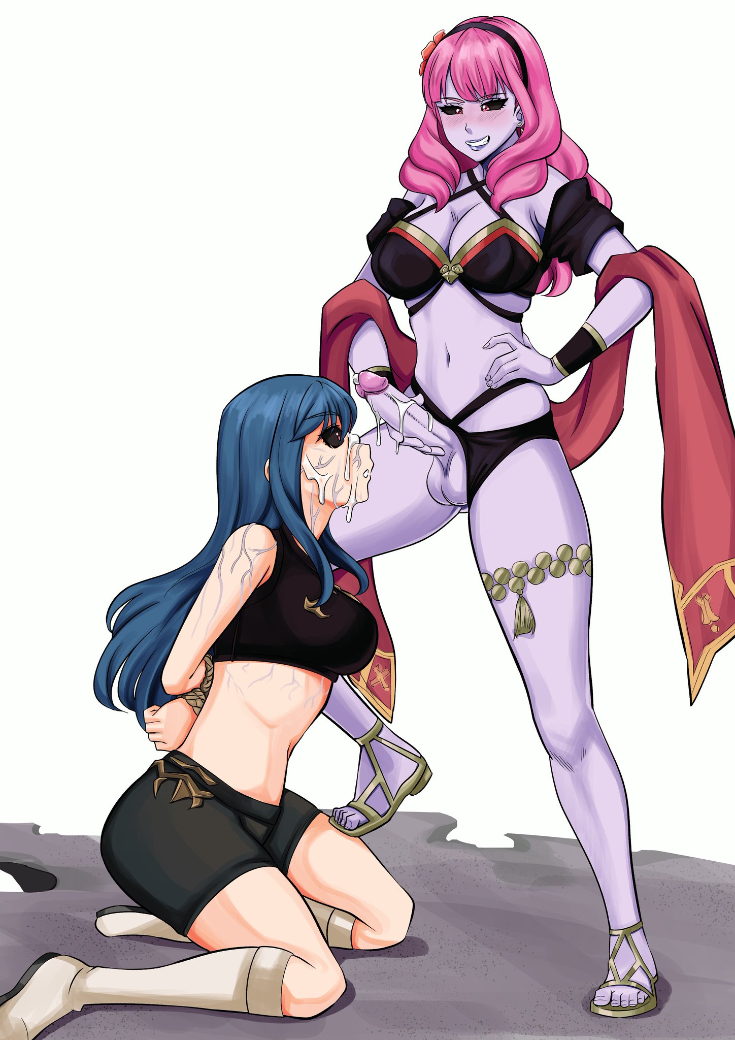 1futa, 1girls, after rape, armlet, bad end, bikini, black bikini, black sclera, black shorts, blue hair, broken rape victim, caeda (fire emblem), captured, captured heroine, celica (fire emblem), clothed, corrupted, corruption, crop top, cumming, cumshot, cumshot on face, daisy dukes, decox, duma (fire emblem), fefex, female, femsub, fire emblem, fire emblem echoes: shadows of valentia, fire emblem heroes, fire emblem: mystery of the emblem, fire emblem: shadow dragon and the blade of light, futa on female, futa with female, futanari, hands behind back, hands tied, hands tied behind back, hot pants, intersex, kneeling, masturbation, mind break, official alternate costume, possessed, possession, purple skin, rape, red iris, sandals, short shorts, shorts, sports shorts, swimsuit, swimsuit aside, thigh strap, veins, witch, witch (fire emblem)