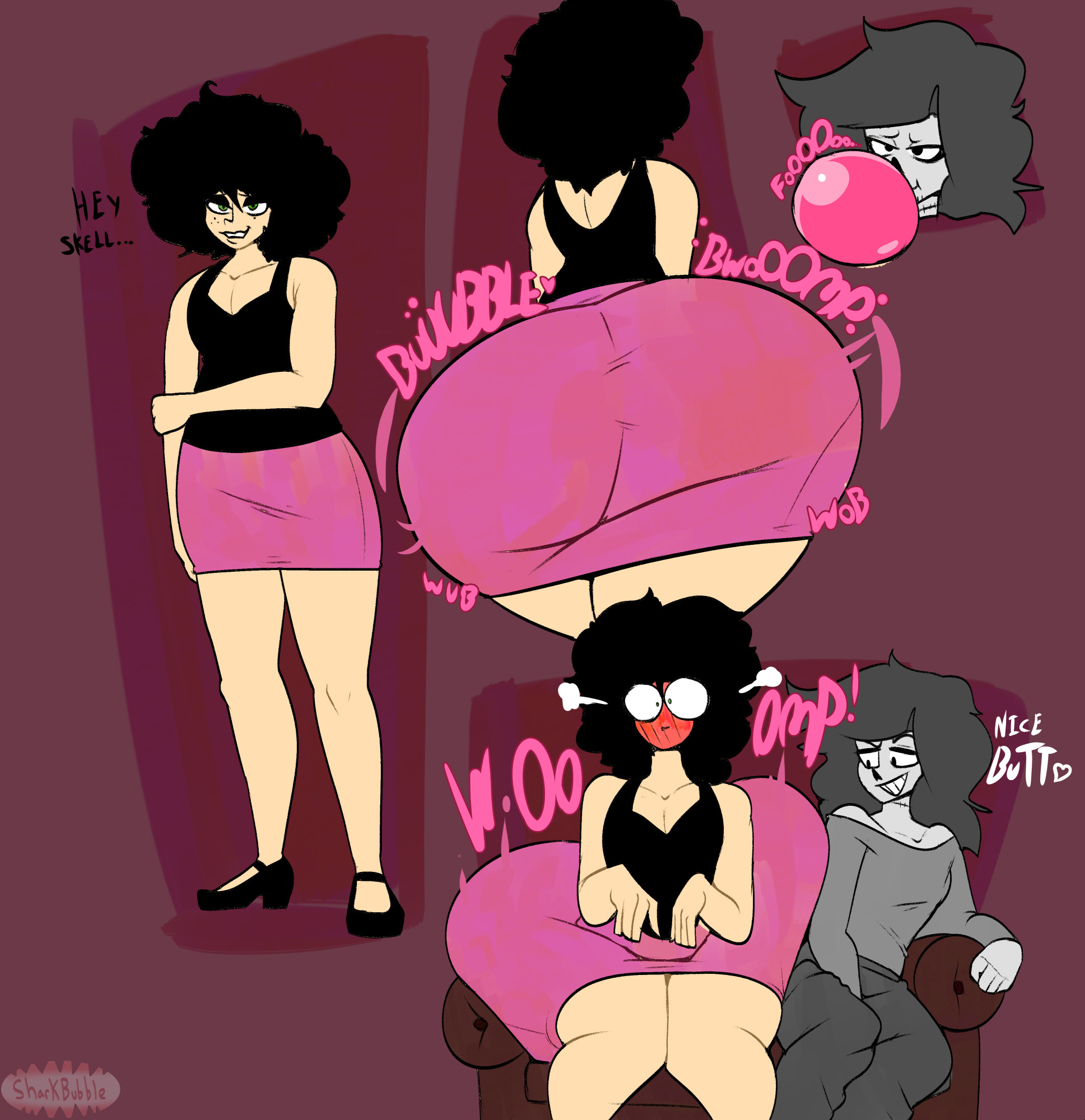 ass expansion, blowing bubblegum, blush, bubble gum, colored, couch, hyper ass, inflation, malabar (chewing gums), male, oc, sharkbubble, skirt, tagme