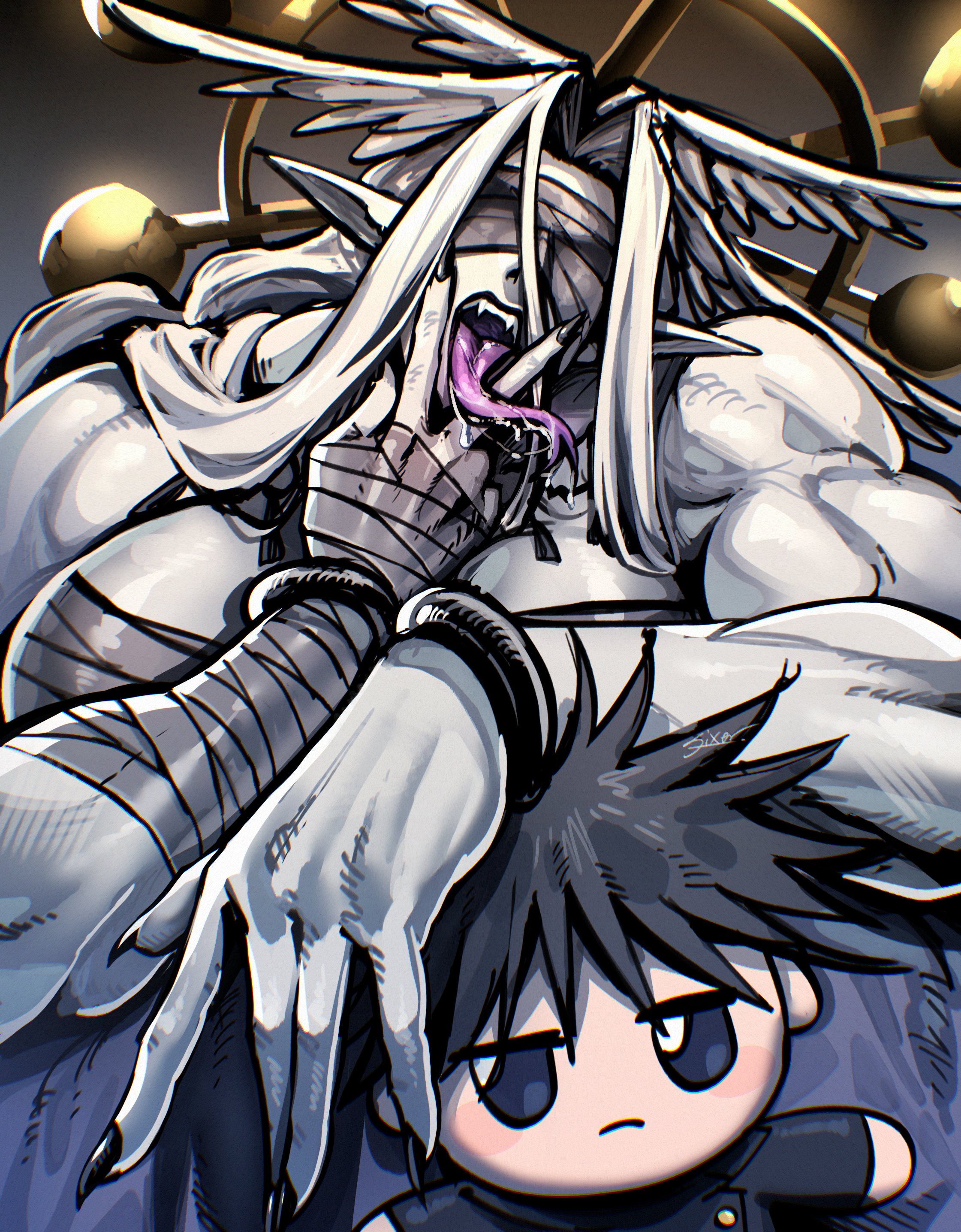 2025, bandage over eyes, bandaged arm, bandaged chest, bandaged head, eight handled sword divergent sila general mahoraga, female, fushiguro megumi, jujutsu kaisen, mahoraga (jujutsu kaisen), milf, muscular, muscular female, pale skin, pale-skinned female, potential man, real sixer121, rule 63, tongue, tongue out, white hair, white-haired female