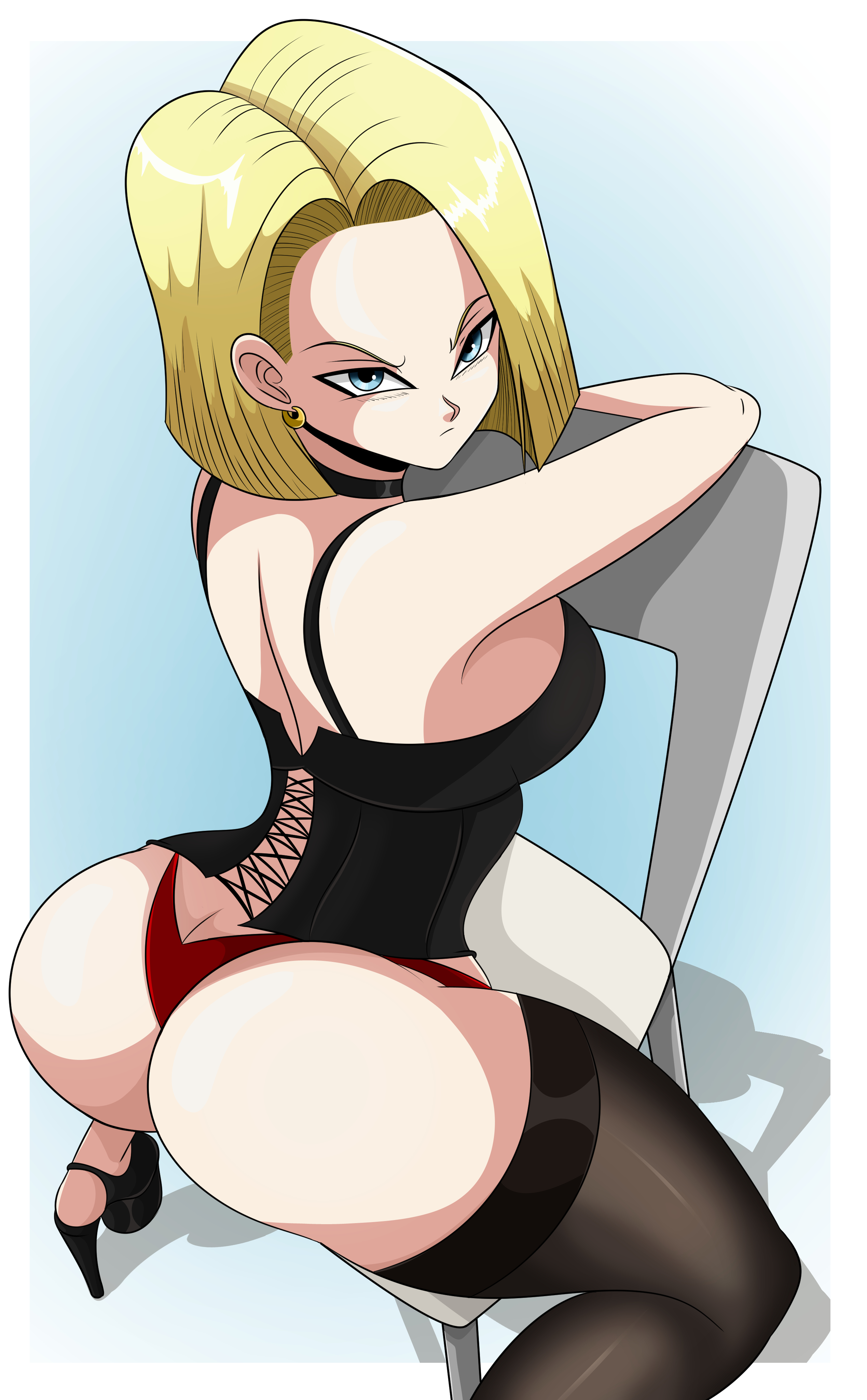 1girls, android, android 18, ass, ass cleavage, ass crack, blonde hair, breasts, butt crack, choker, dragon ball, dragon ball z, earrings, eye contact, female, female only, high heels, large ass, looking at viewer, platform heels, shoes, short hair, shounen jump, sitting, sitting on chair, solo, solo female, sonson-sensei, thick ass, thick thighs, thighhighs, thighs, thong