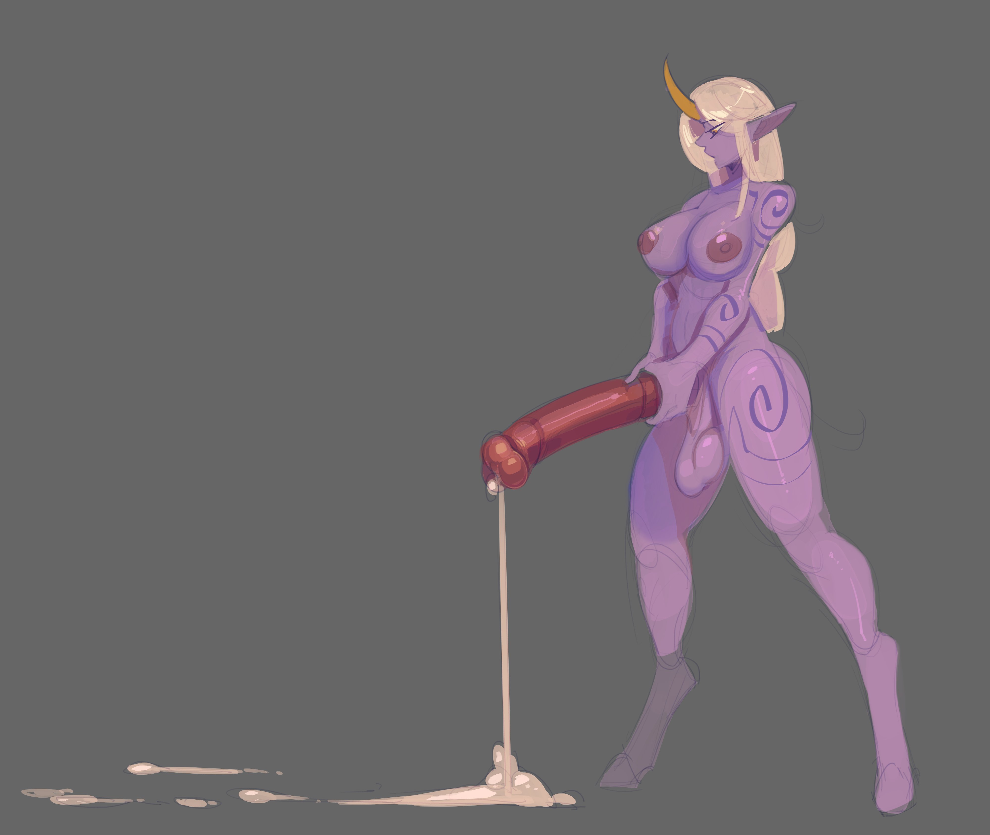 1futa, 2d, animal genitalia on humanoid, areolae, balls, big areola, big balls, big breasts, big testicles, big thighs, breasts, completely nude, cum, cum on floor, cum on ground, curved horn, cyber d1e, erection, female, futa only, futanari, goat, grey background, horn, horsecock, horsecock futa, horsecock on humanoid, huge balls, huge breasts, huge cock, intersex, large breasts, league of legends, long penis, masturbation, monster girl, nipples, nude, penis, pointy ears, precum, precum drip, purple body, purple skin, red penis, solo, soraka, spread legs, standing, tagme, tattoo, testicles, thick penis, wide hips