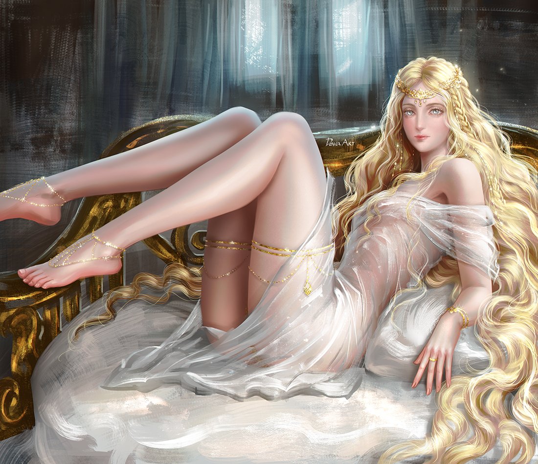 androgynous, anklet, artistic nude, barefoot, blonde female, blonde hair, blonde-haired female, blonde-haired male, blue eyes, body jewelry, bottom heavy, covered navel, covered nipples, curly hair, curvaceous, curvaceous figure, curves, curvy, curvy body, curvy female, curvy figure, curvy hips, curvy thighs, develvdeva, digital painting (artwork), elden ring, female, femboy, feminine, feminine male, foot jewelry, fromsoftware, gold (metal), gold jewelry, jewelry, jewelry only, light skin, light-skinned male, long hair, male, male focus, male only, miquella, no visible genitalia, nonsexual, nonsexual nudity, pale skin, pale-skinned male, pinup, serene, shadow of the erdtree, solo, solo male, tasteful, tasteful nudity, thighs, toned legs, wide eyed, wide hips