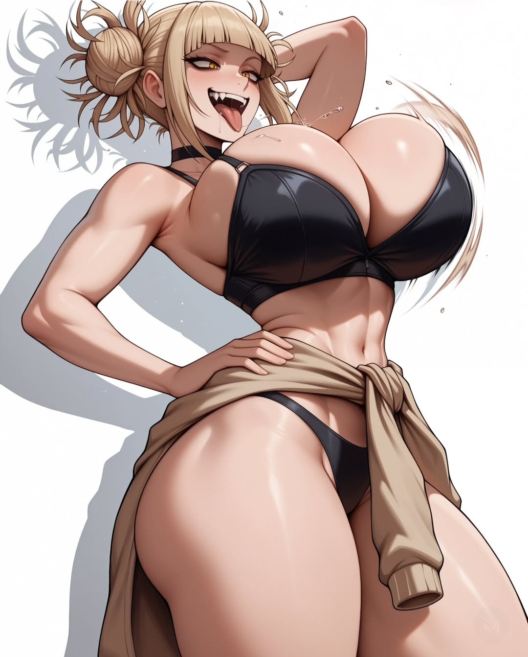 1girls, abs, ai generated, blonde hair, blush, boku no hero academia, bouncing breasts, breasts, fat ass, female, female only, himiko toga, huge breasts, large breasts, magiskuwa, my hero academia, smirk, thick thighs, toga himiko, tongue, tongue out, underwear