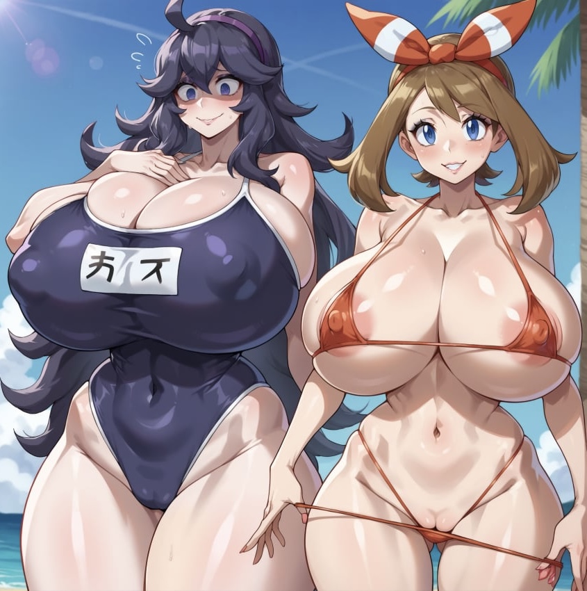 2girls, ai generated, areolae, bikini, bimbo, breasts, cleavage, covered nipples, female, g-string, gigantic breasts, hex maniac, huge breasts, may (pokemon oras), may (pokemon), micro bikini, nintendo, one-piece swimsuit, otace, outdoors, pokemon, pussy, pussy peek, slim waist, swimsuit, thick thighs, undressing, wide hips