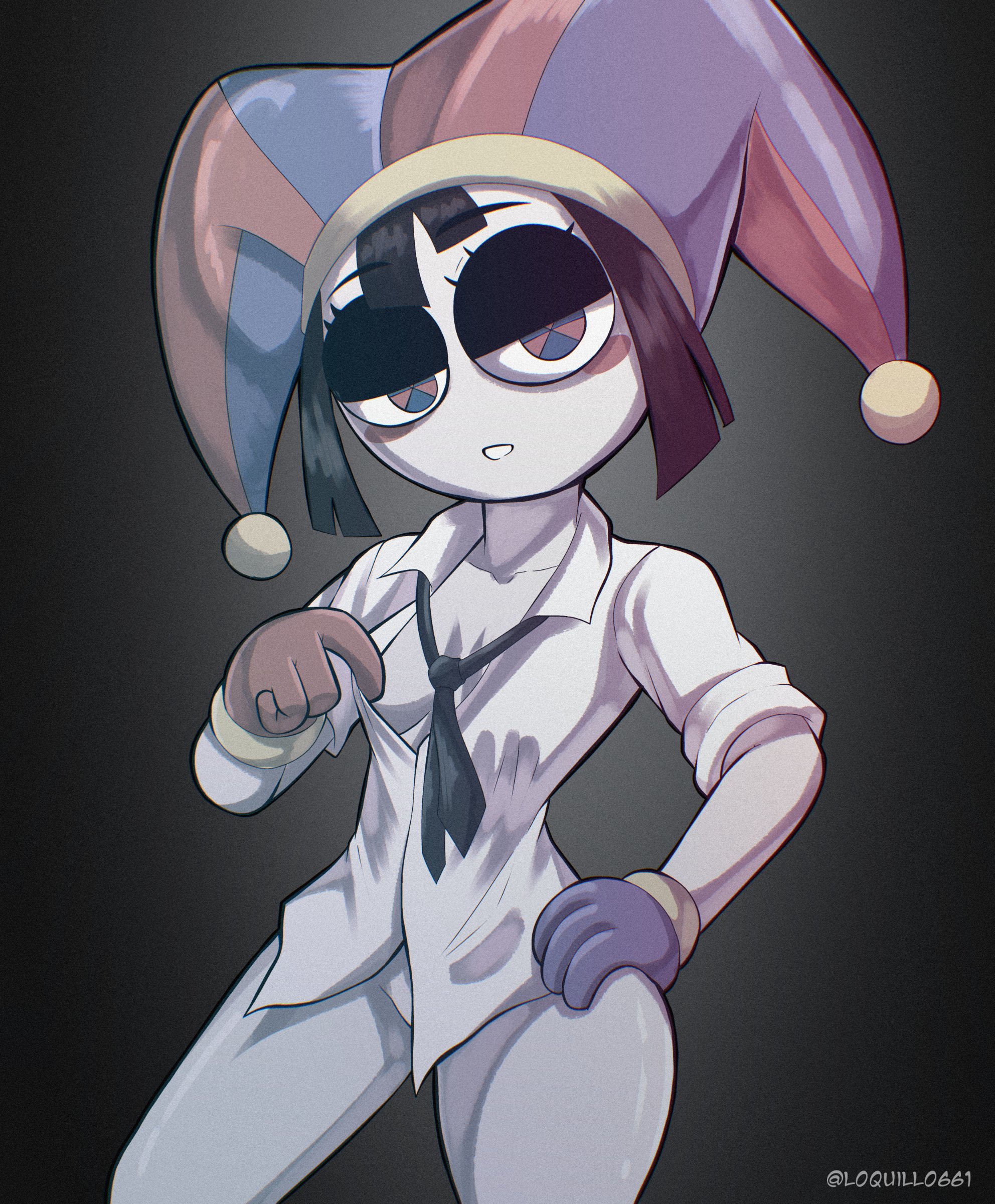 1girls, blush stickers, female, female only, glitch productions, gloves, jester hat, loquillo, multicolored eyes, pale skin, pale-skinned female, pomni (the amazing digital circus), shirt, shirt only, the amazing digital circus