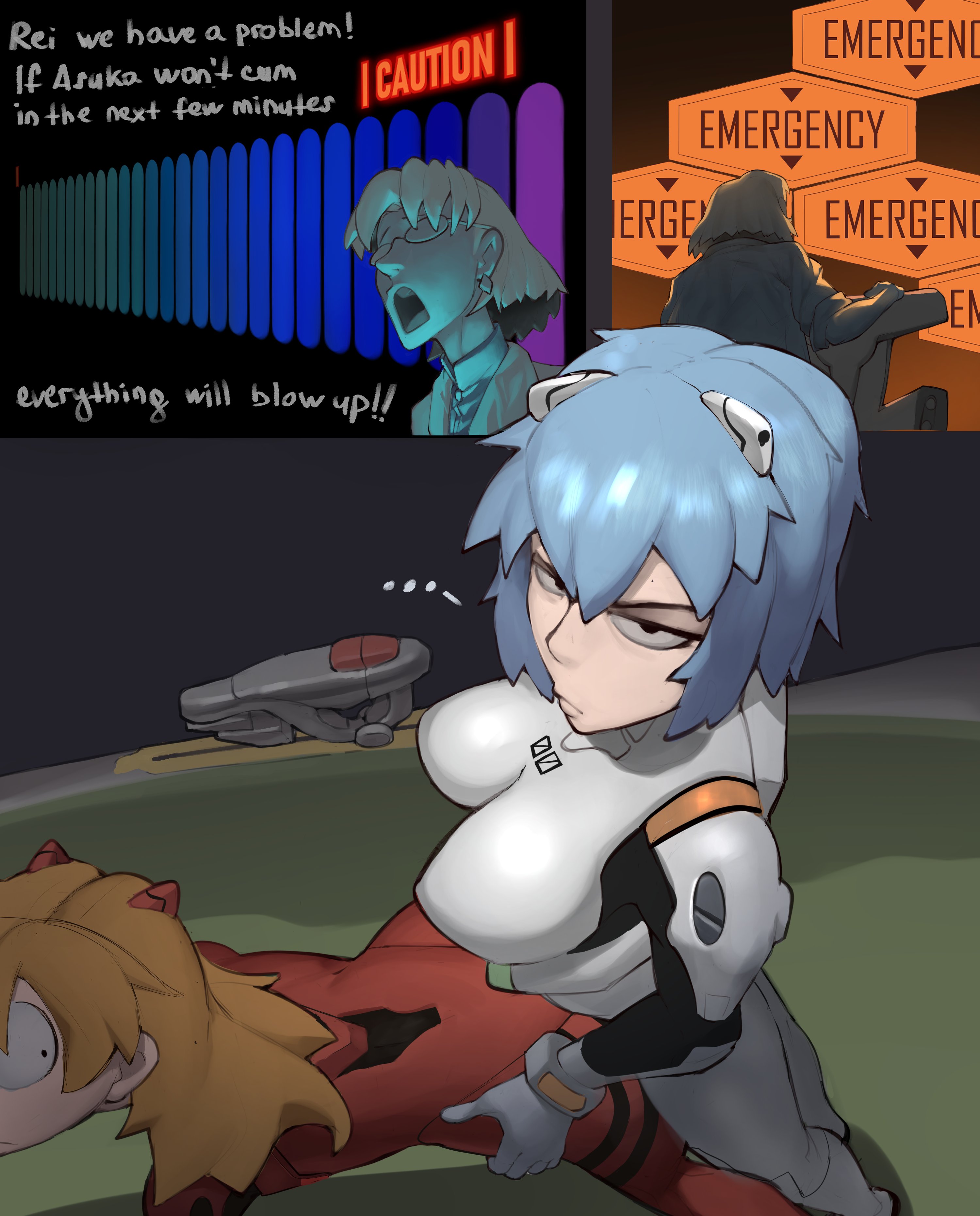 1girls, 2futas, akagi ritsuko, anal penetration, anal sex, ass, asuka langley sohryu, ayanami rei, bent over, big ass, big breasts, blue hair, bodysuit, breasts, breasts apart, cleavage, clothed female, clothed futa, comic, comic panel, controller, doggy style, doggy style position, doggystyle, doggystyle position, during sex, emergency alert, english text, entry plug, eyes wide open, futa on futa, futanari, hair between eyes, interrupted sex, interrupting, light skin, looking up, lumu, neon genesis evangelion, orange hair, orgasm trouble, penetration, plugsuit, plugsuit (evangelion), red plugsuit, redhead, redhead female, rei ayanami, ritsuko akagi, serious expression, serious look, sex, short hair, skintight bodysuit, souryuu asuka langley, standing, surprised, surprised expression, thighs, warning sign, white plugsuit