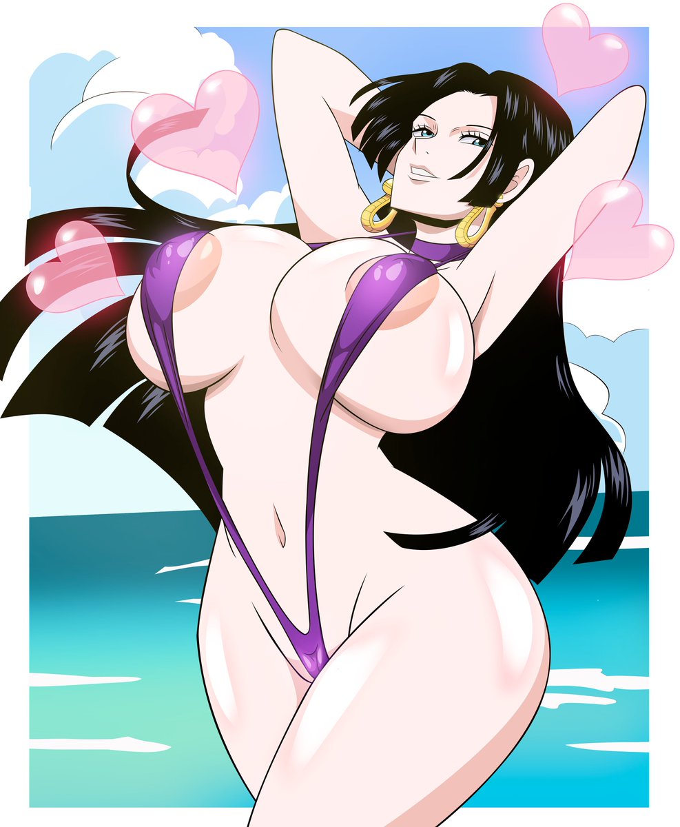 1girls, 2025, 2d, 2d (artwork), 2d artwork, areola, areola bulge, areolae, areolae peeking, ass, big ass, big breasts, bikini, black hair, black-haired female, boa hancock, breasts, choker, choker bikini, commission, earrings, fat breasts, female, female focus, female only, flat belly, grimphantom, hands behind head, heart, heart symbol, hearts around body, hearts around head, huge breasts, light skin, light-skinned female, mostly nude, mostly nude female, nipple bulge, nude, nude female, ocean, one piece, part 1, part of a set, pierced ears, piercing, piercings, sling bikini, snake earrings, solo, solo female, solo focus, thick thighs, thighs
