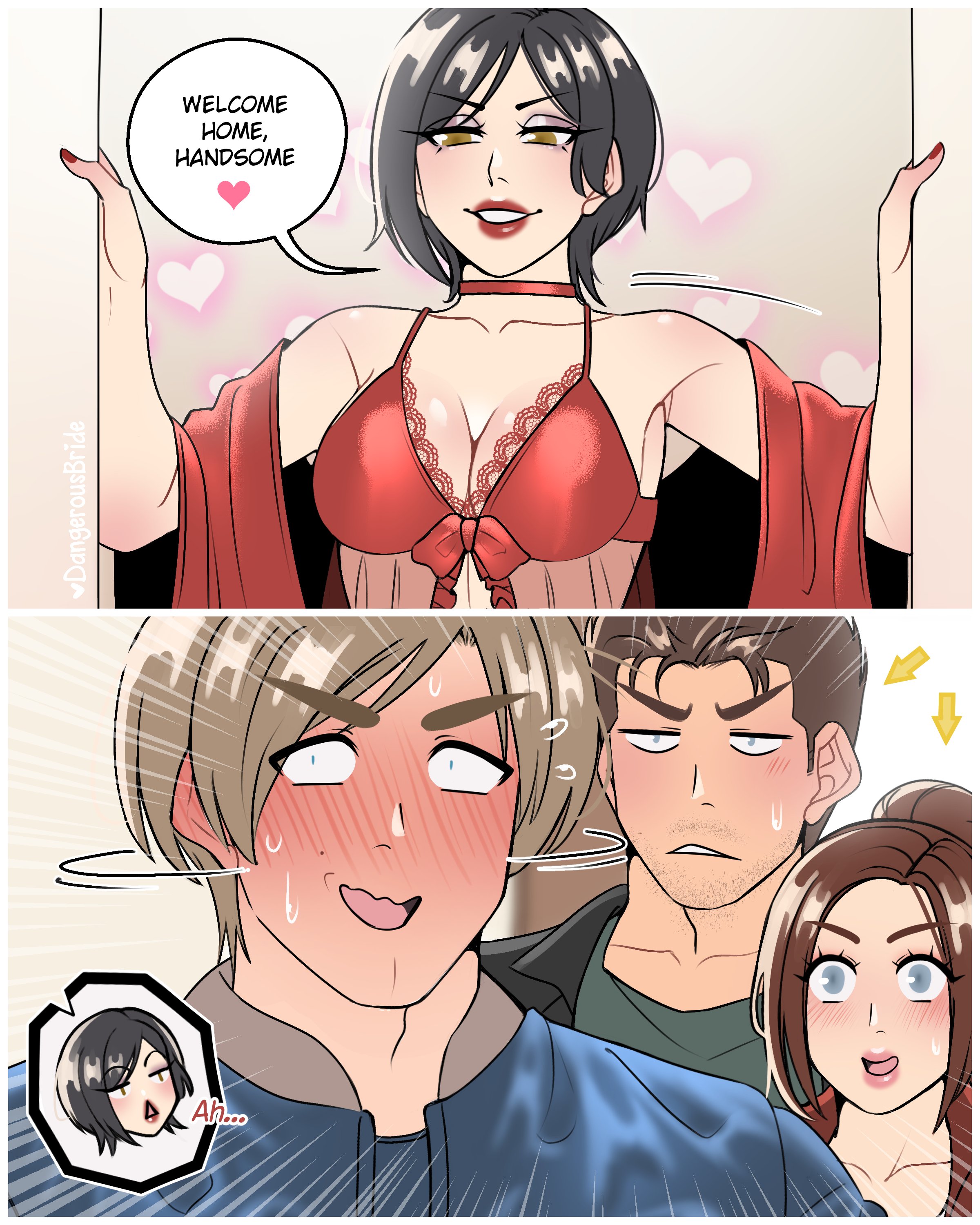 2boys, 2girls, ada wong, ada wong (adriana), black hair, blue eyes, blush, brown eyes, brown hair, capcom, chris redfield, claire redfield, dangerousbride, dialogue, embarrassed, english text, female, funny, grin, heart, heavy blush, leon scott kennedy, lingerie, male, multiple boys, multiple females, multiple girls, multiple males, narrowed eyes, red lipstick, resident evil, resident evil 2, resident evil 2 remake, smiling, speech bubble, very high resolution