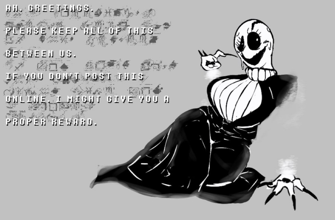 2d, 2d (artwork), big breasts, breasts, busty, deltarune, fem gaster, female, floating hands, gaster, gaster (undertale), jedthedyslexic, rule 63, sharp nails, solo, solo female, sweat, sweater, sweating, text, thighs, turtleneck, turtleneck sweater, undertale, undertale (series), white sweater, wide hips, wingdings, wingdings text