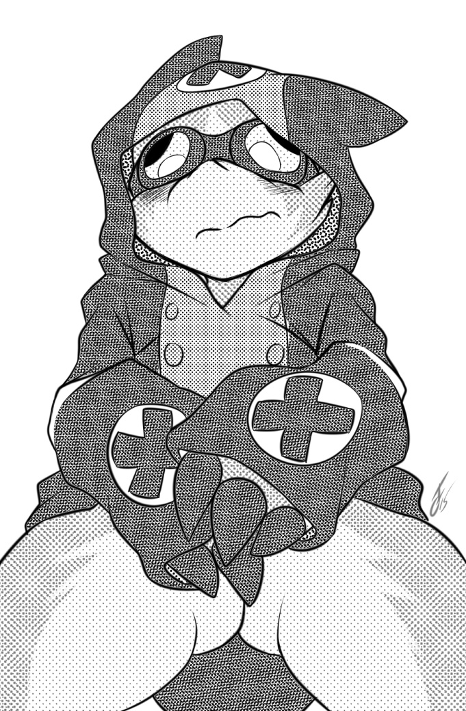 black_and_white blush bottomless clothed clothing covering covering_crotch embarrassed eyewear front_view goggles gremlin_(spiral_knights) half-dressed hoodie kyubikun male male_only monochrome penis screentone signature solo spiral_knights