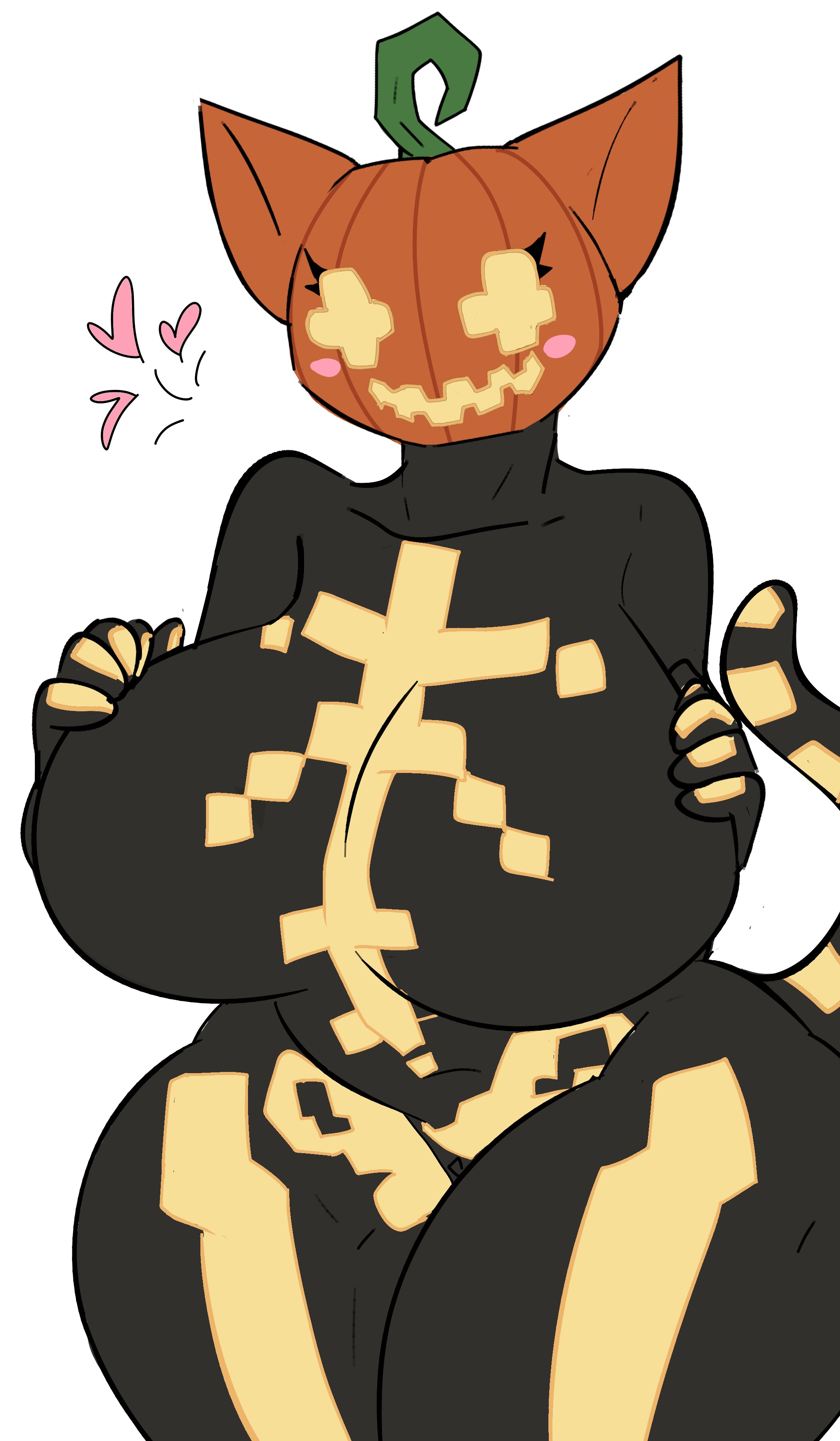 absurd res, animal humanoid, anthro, big breasts, blush, breasts, cat humanoid, cat tail, curvy figure, epic games, felid, felid humanoid, feline, feline ears, feline humanoid, female, for a head, fortnite, fortnitemares, halloween, heart symbol, hearts around head, hi res, hourglass figure, huge breasts, huge thighs, humanoid, james andromeda, mammal, mammal humanoid, markings, object head, pubic mound, pumpkin head, skeleton (marking), slightly chubby, solo, solo focus, spice (fortnite), thick thighs, wide hips