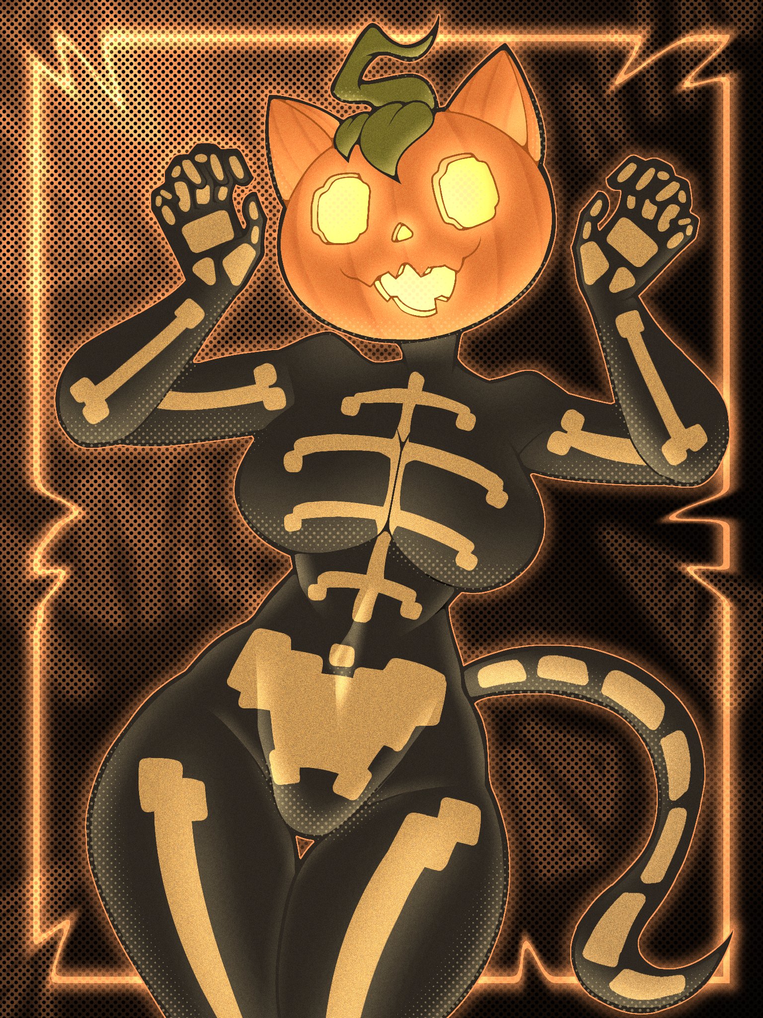 2025, anthro, big breasts, bone, breasts, domestic cat, epic games, felid, feline, felis, female, for a head, fortnite, fortnitemares, halloween, hi res, hosses21, mammal, object head, open mouth, open smile, pumpkin head, skeleton, smile, solo, spice (fortnite), tail, thick thighs, thigh gap, wide hips, yellow eyes