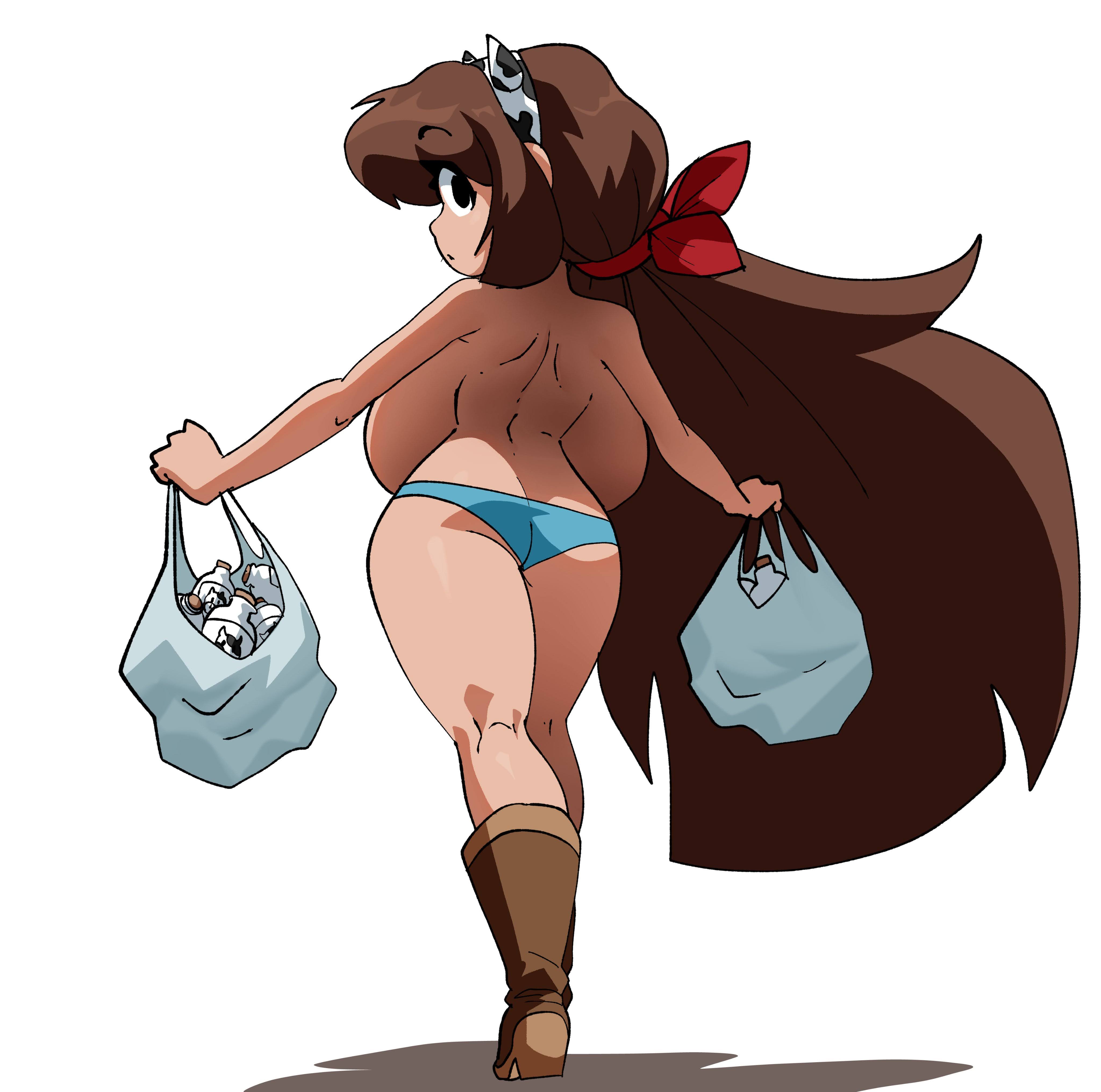 1girls, ass, back, backboob, bag, black eyes, blue panties, boots, breasts, brown footwear, brown hair, clothing, coolerinker, curvy, female, footwear, from behind, grocery bag, hair ornament, hair ribbon, headwear, high heels, holding, holding bag, huge breasts, inker comics, inkershike, kneepits, large breasts, long hair, looking at viewer, looking back, milk, mona (inker comics), panties, pantsu, plastic bag, ribbon, shoes, shopping bag, shortstack, smile, solo, standing, thick thighs, thighs, topless, twintails, underwear, very long hair