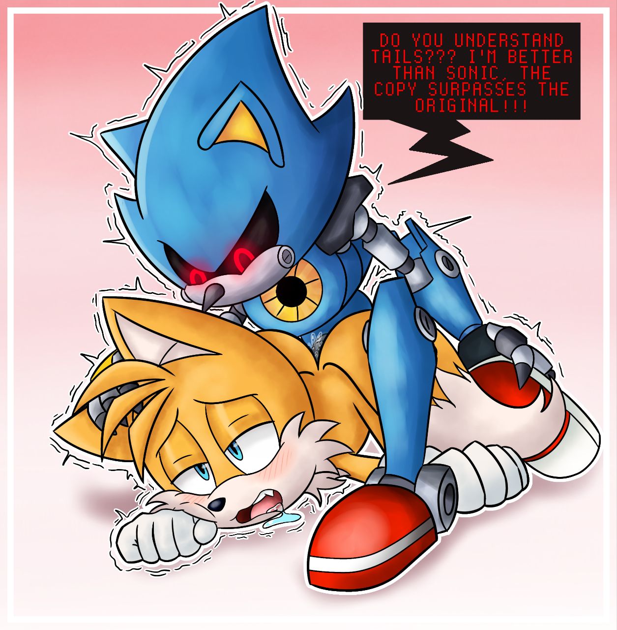 2025, 2boys, acqua lizard, anal, anal sex, blue eyes, blush, blush lines, blushing male, boys love, dialogue, drool, drooling, duo, duo male, english, english text, hand on head, lyslash, male, male only, male/male, metal sonic, miles prower, motion lines, red eyes, sex, sonic (series), sonic cd, sonic the hedgehog (series), tagme, tails, tails the fox, traced, traced art, yaoi