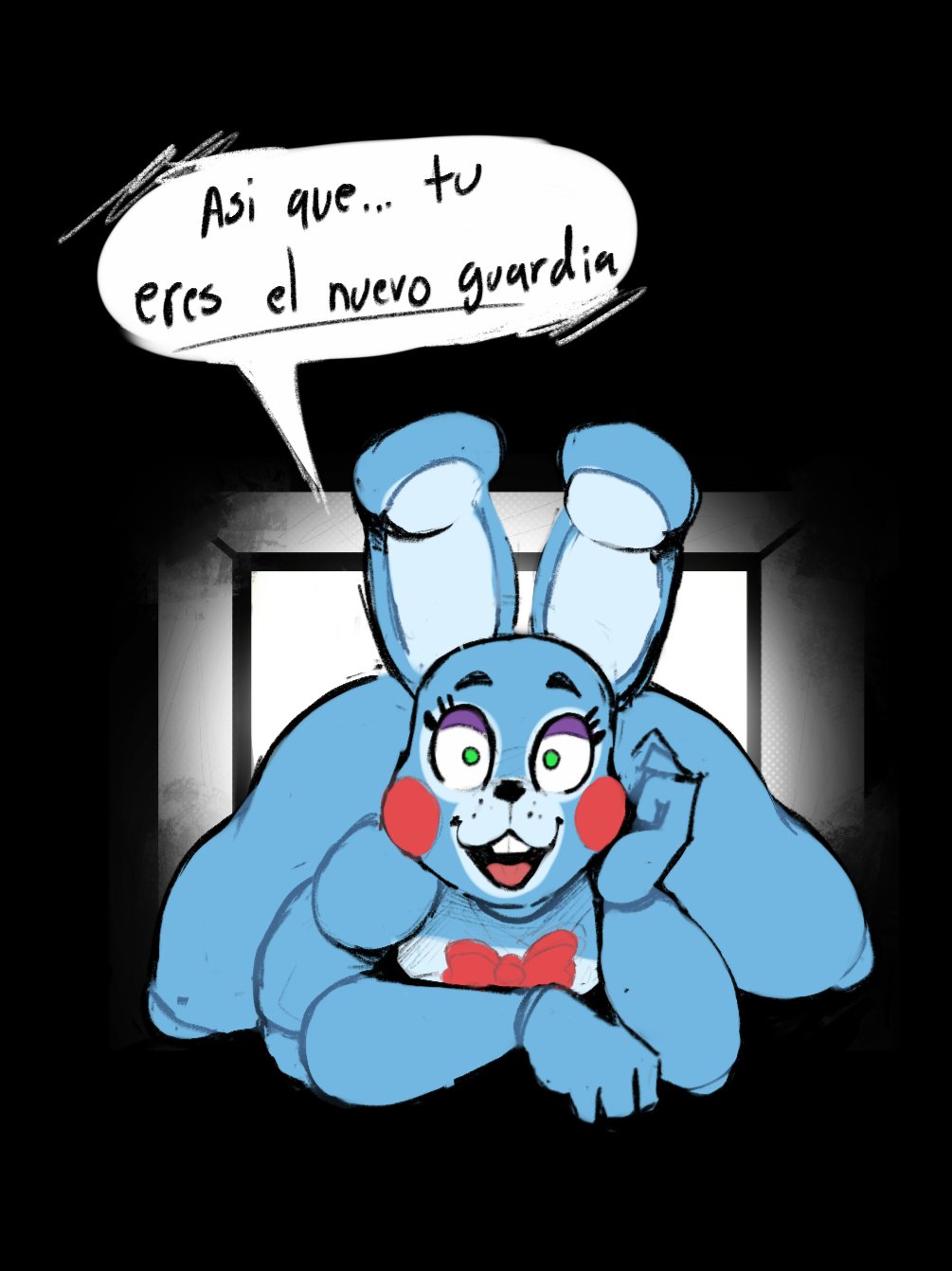 1boy, ass, big ass, estebon89, femboy, five nights at freddy's, five nights at freddy's 2, laying down, laying on stomach, looking at viewer, lying down, lying on stomach, male, solo, spanish text, talking to viewer, toy bonnie (fnaf), vent