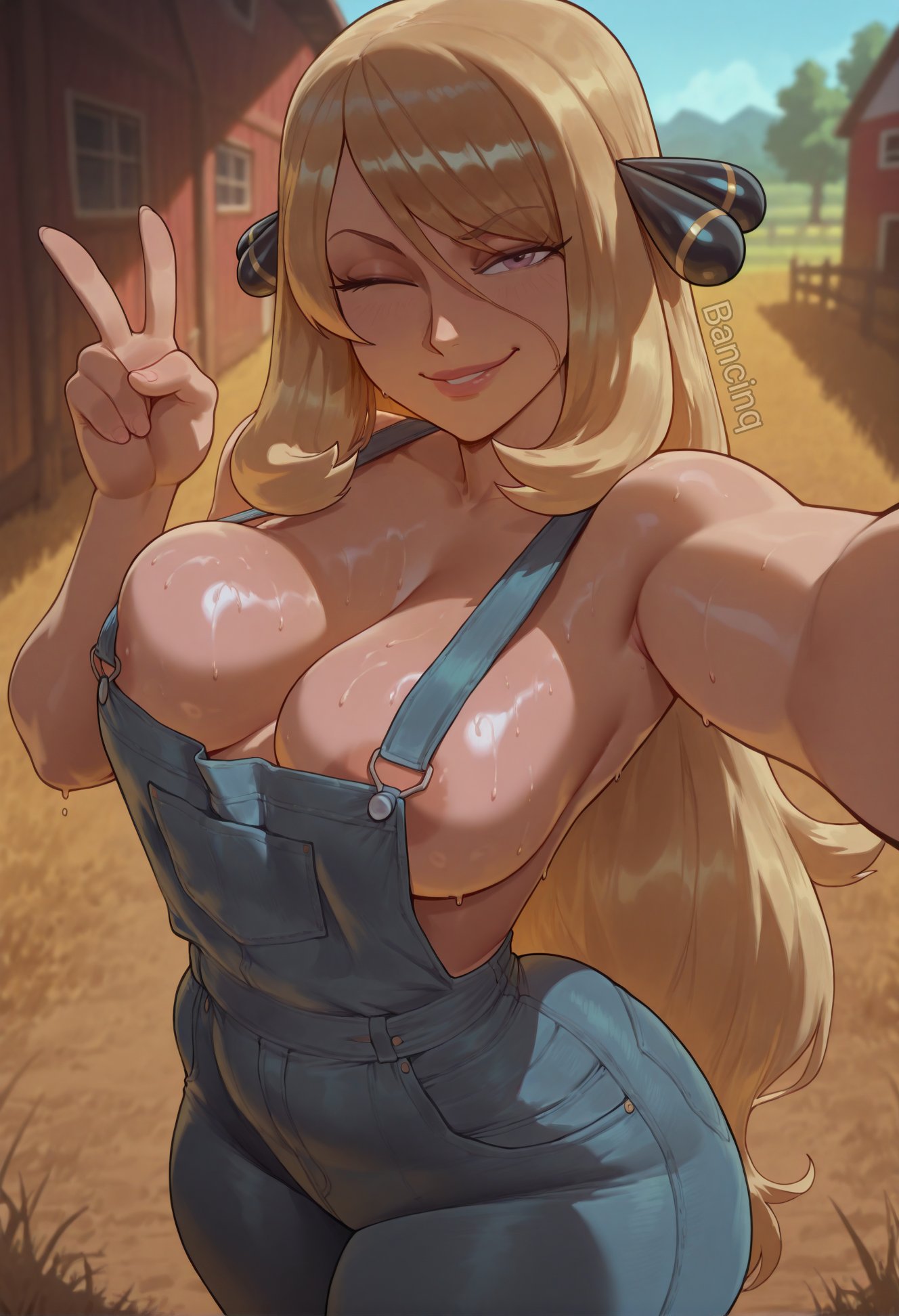 1girls, ai generated, bancinq, big breasts, blonde female, blonde hair, blonde hair female, blonde-haired female, breasts, cynthia (pokemon), farm, female, female focus, female only, light skin, light-skinned female, long hair, looking at viewer, mature, mature female, milf, naked overalls, nipples, no bra, only female, pokemon, yellow eyes