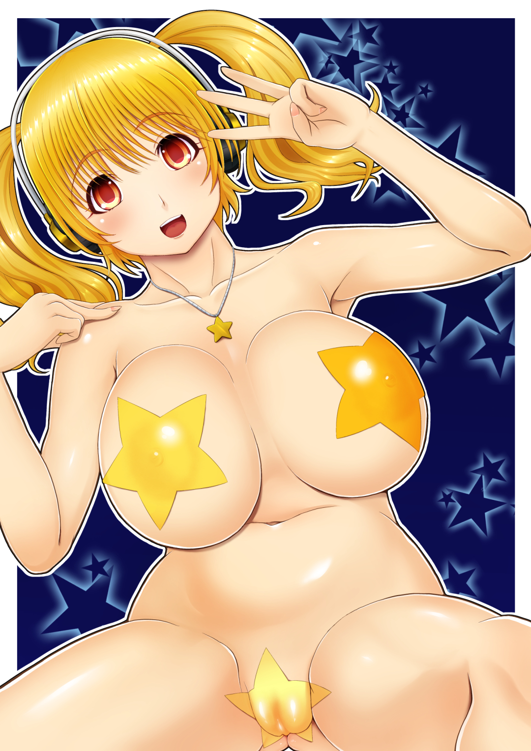 blonde hair, blush, breasts, erect nipples, female, headphones, highres, huge breasts, looking at viewer, maebari, navel, nipples, nitroplus, nude, open mouth, pasties, plump, red eyes, short hair, smile, solo, star, star maebari, star pasties, super pochaco, tied hair, tomatto (@ma!), twintails, yellow pasties