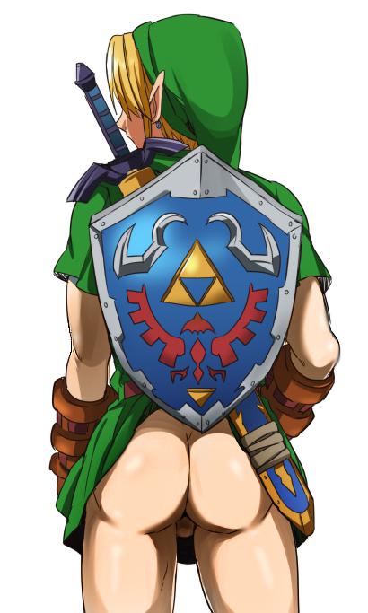1boy, ass, balls, ballsack, behind view, blonde hair, bottomless, bottomless male, bulge, clothed, ear piercing, edit, edited, elf ears, fantasy, from behind, hylian, light skin, link, link (ocarina of time), male, male ass, male ass focus, male butt, male butt focus, male focus, male only, nintendo, ocarina of time, shield, simple background, solo, sword, the legend of zelda, tunic, video games, white background, ygyg2200