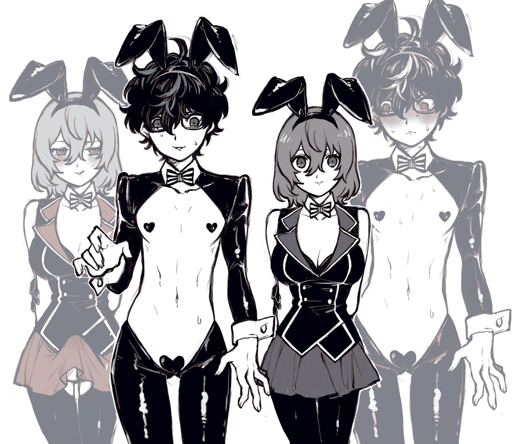 1cuntboy, 1futa, akira kurusu, blush, bunny boy, bunny ears, bunny girl, bunnysuit, clothed, clothing, cuntboy, erection under clothes, female, futanari, goro akechi, heart pasties, intersex, joker (persona), male, mostly clothed, mostly nude, pasties, peeking penis, penis, persona 5, persona 5 royal, ren amamiya, reverse bunnysuit, rule 63, tagme, tenting, yutaka pkg
