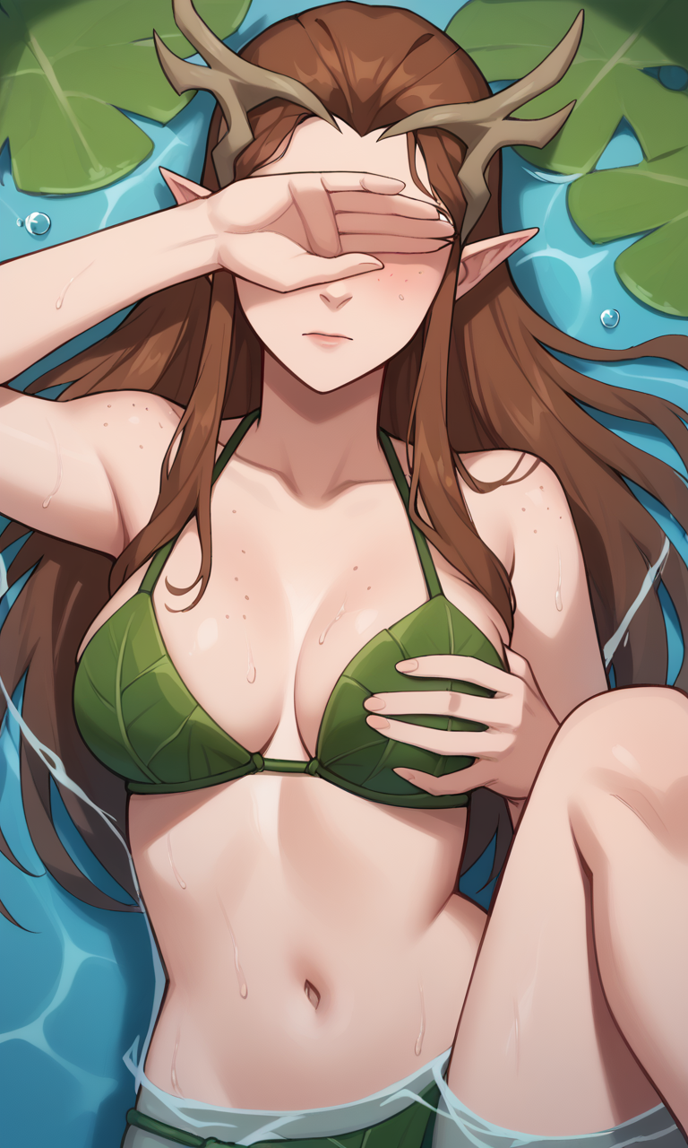 1girls ai_generated antlers ass bigmic145 bikini breasts brown_hair critical_role critical_role:_vox_machina curvy elf elf_ears female female_only freckles green_eyes keyleth leaf_bikini leaf_clothing long_hair pointy_ear the_legend_of_vox_machina