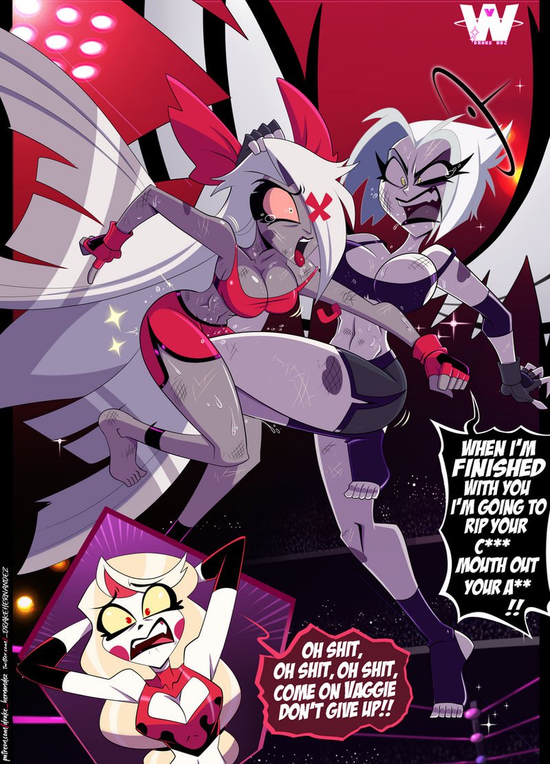 breasts, bruises, catfight, charlie morningstar (hazbin hotel), cuntbusting, female, fight, fighting ring, great dude, hazbin hotel, kick boxing, lute (hazbin hotel), vaggie (hazbin hotel), vivziepop, wrestling, wrestling outfit, wrestling ring