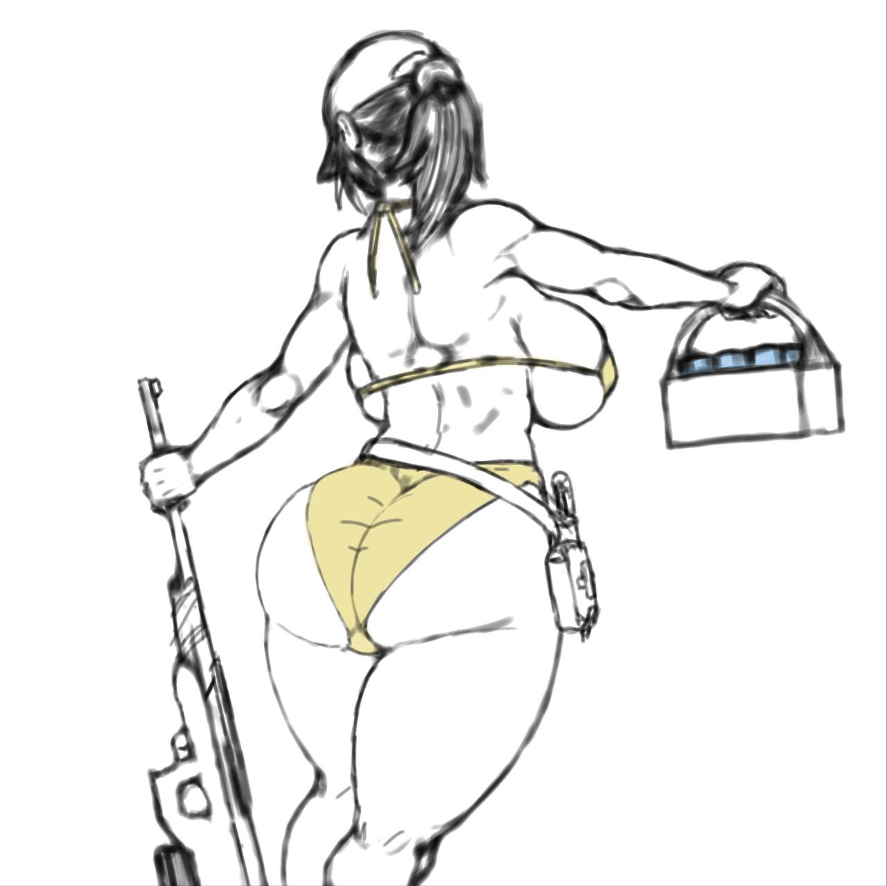 1girls, 2025, alternate costume, ass, back, back view, backboob, big ass, big breasts, bikini, bikini bottom, bikini only, bikini top, breasts, cap, dead ahead, female, female only, golden bikini, gun, hacking piece, holding gun, holding object, partially clothed, partially colored, polina (dead ahead), ponytail, sideboob, sketch, sniper, sniper rifle, solo, standing, thick thighs, thighs, white background