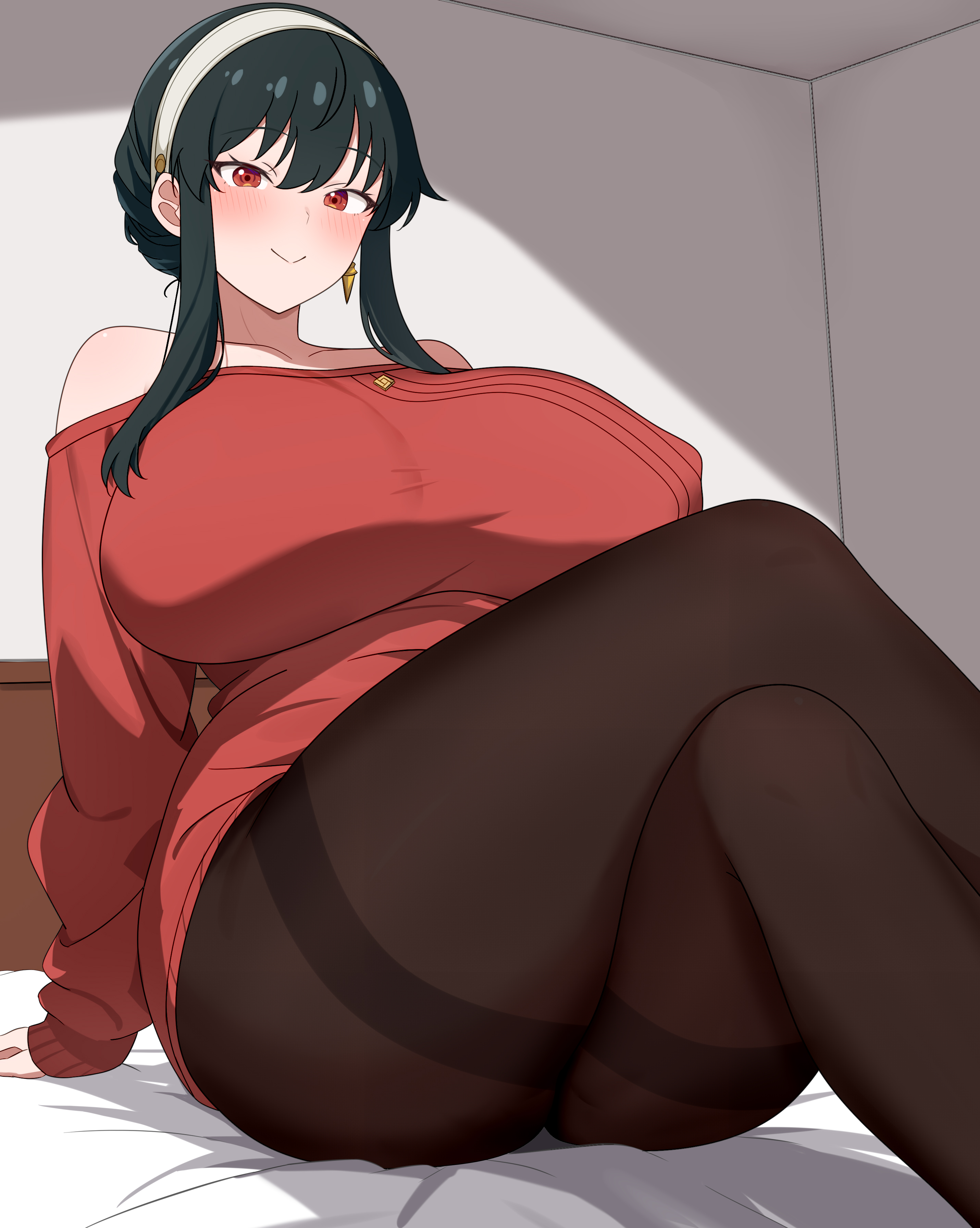 1girls, alternate version available, annrichan, big breasts, black hair, black pantyhose, blush, breasts, crossed legs, ear piercing, earrings, female, female only, hair, hairband, headwear, huge breasts, large breasts, legs crossed, legwear, mature, mature female, mature woman, milf, pantyhose, red eyes, red sweater, smile, solo, solo female, spy x family, strapless, sweater, thick thighs, thighs, yor briar
