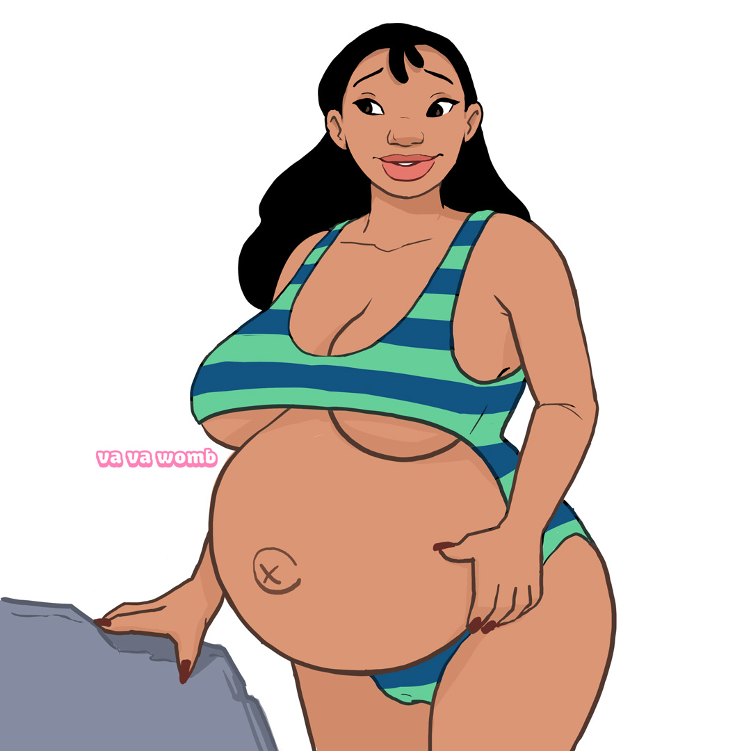 1girls, belly, big belly, big breasts, black hair, breasts, bunintheoven, cartoon, cleavage, dark skin, dark-skinned female, disney, female, female only, huge breasts, lilo and stitch, nails painted, nani pelekai, outie navel, pregnant, solo, swimsuit, underboob