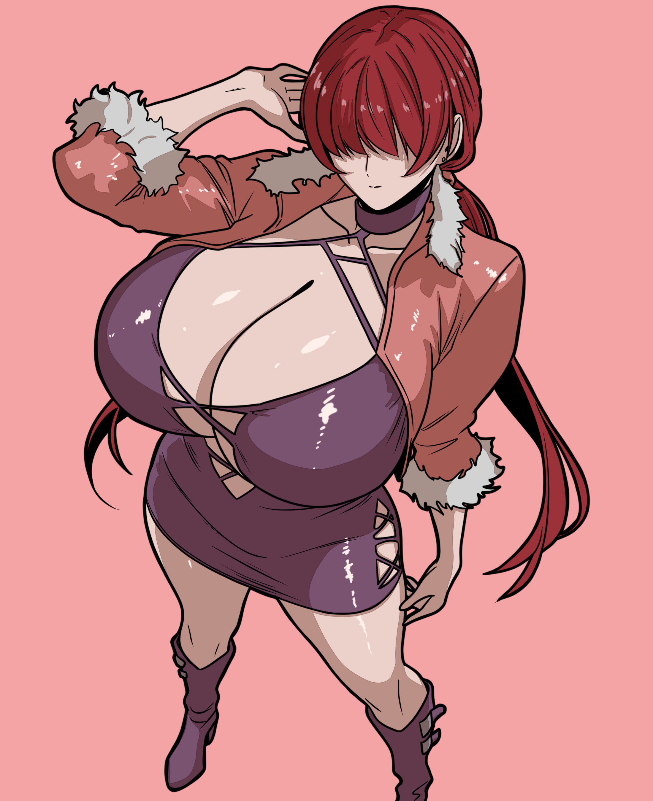 1girls, bare thighs, bbw, big breasts, bimbo, boots, breasts, busty, choker, cleavage, curvaceous, curvy, curvy body, curvy female, curvy figure, curvy hips, dress, ear piercing, earrings, female, female only, footwear, fur coat, greenb, hair over eyes, heel boots, heeled boots, hi res, high heel boots, high resolution, highres, hips, huge breasts, inner sideboob, jacket, jewelry, king of fighters, knee boots, kneehighs, kof, large breasts, light skin, light-skinned female, long hair, looking at viewer, oppai, pale skin, pale-skinned female, pigtails, pinup, pose, posing, red hair, shermie (kof), short dress, skimpy, skimpy clothes, skimpy dress, smile, smiling at viewer, snk, solo, standing, the king of fighters, thick thighs, thighs, tied hair, twintails, very high resolution, voluptuous, voluptuous female, wide hips