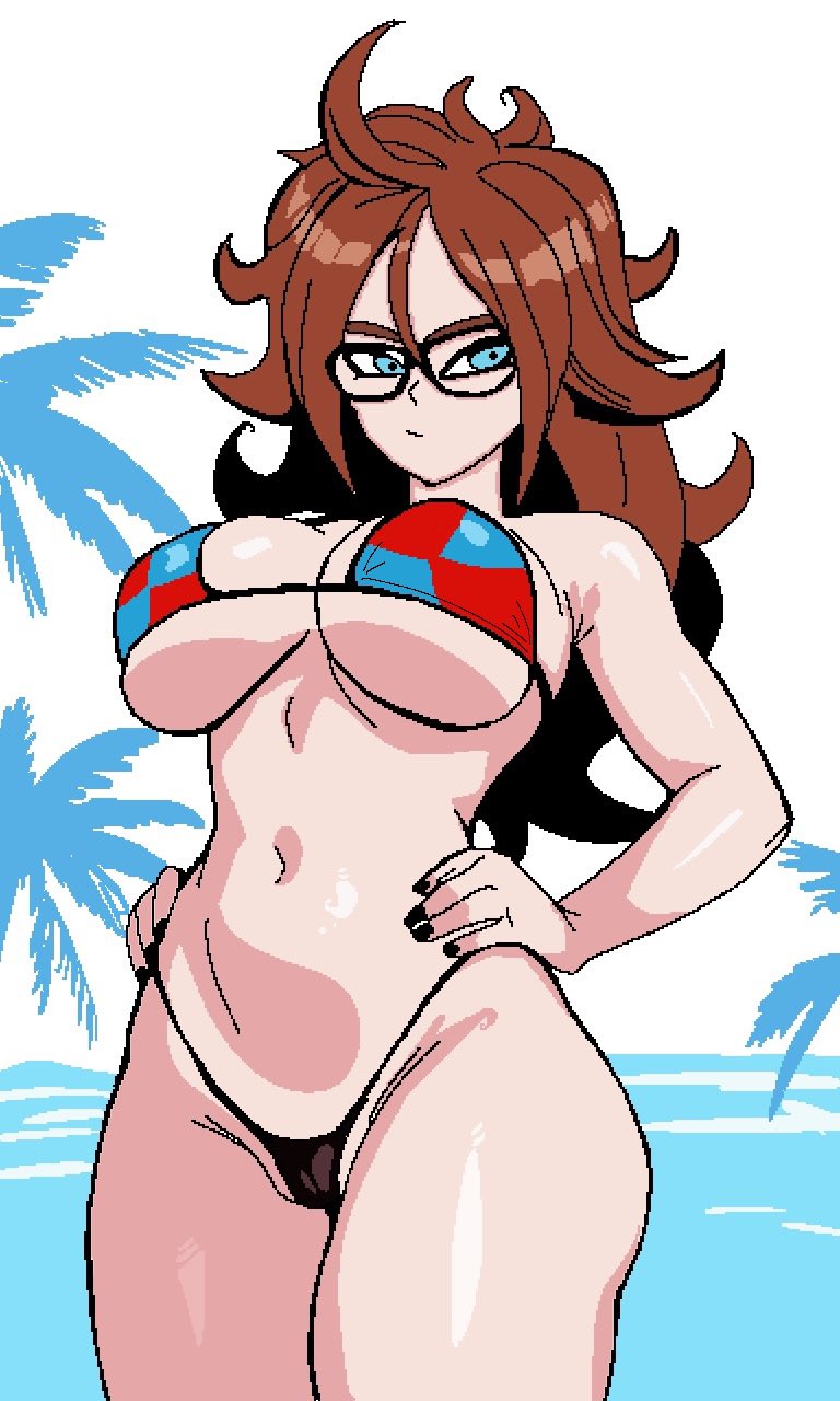android 21, android 21 (human), ass, background, big ass, big breasts, big hips, bikini, black nails, blue eyes, breasts, dragon ball, dragon ball fighterz, female, glasses, hands on hips, monmaamn, red hair, tagme, vomi (dragon ball)