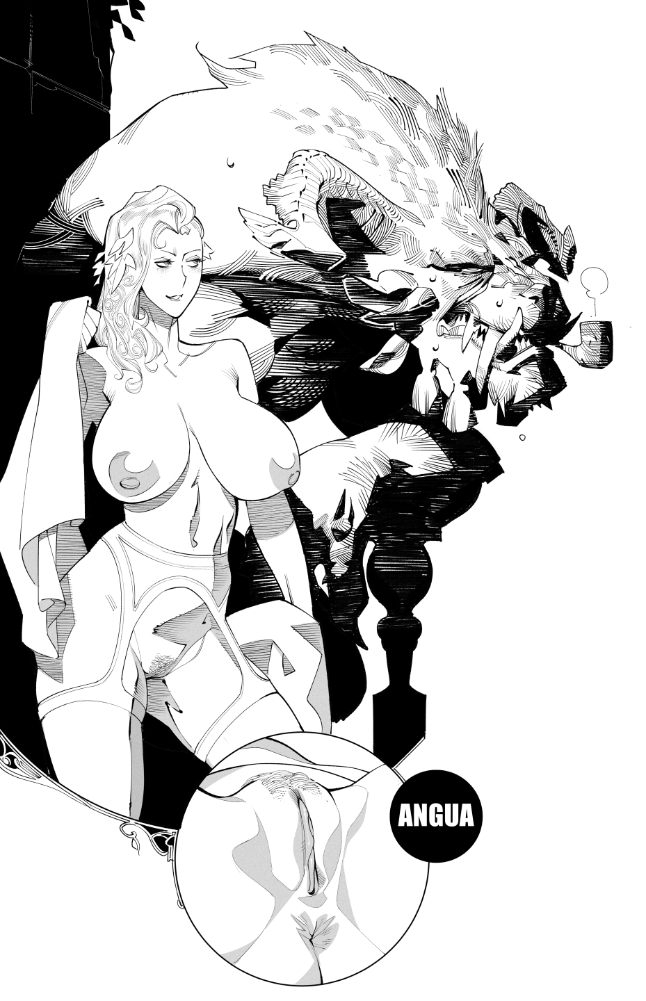 1boy, 1girls, 2025, angua, anthro, anthro on female, anthro on human, big breasts, breasts, burustandin, charr, commission, commissioner upload, female, female human, female human/male anthro, female on anthro, fur, furry, furry male, garter belt, girth upinherguts, greyscale, guild wars, guild wars 2, hair ornament, highres, human, human female, human on anthro, large areolae, light skin, light-skinned female, looking at another, male, male anthro, male anthro/female human, monochrome, original character, pipe, pubic hair, pussy, smoking, smoking pipe, thighhighs, towel