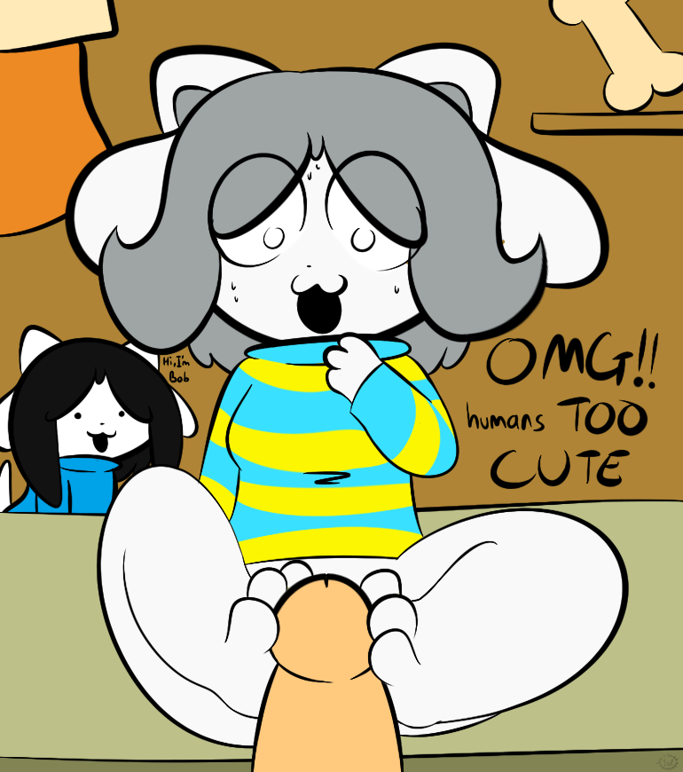 1-upclock 1boy 1boy1girl 1girls ambiguous_gender black_hair bob_(undertale) clothing dialogue english_text erection feet foot_fetish footjob fur hair handjob human mammal monster open_mouth penis simple_background smile sweat temmie temmie_(undertale) text toes undertale video_games white_fur