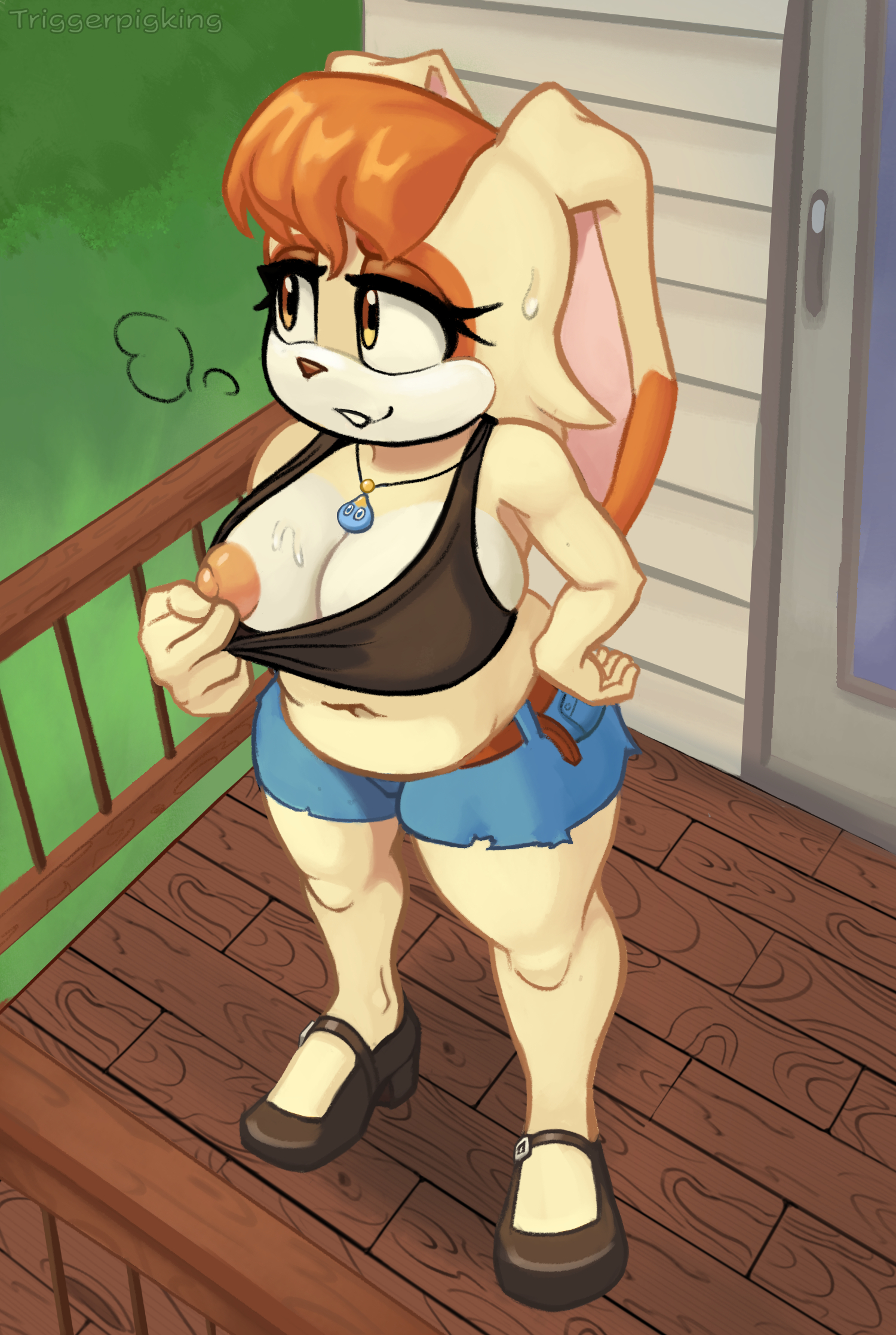 1girls, animal ears, anthro, areola slip, areolae, belt, big breasts, black tank top, blue shorts, breasts, brown hair, bunny ears, exposed nipple, female, female only, footwear, full body, hair, hand on hip, huge breasts, lagomorph, mature, mature female, milf, mother, necklace, neckwear, nipple slip, nipples, one breast out, sandals, sega, shorts, solo, solo female, sonic (series), sonic the hedgehog (series), sweat, sweatdrop, tank top, triggerpigart, vanilla the rabbit, yellow eyes