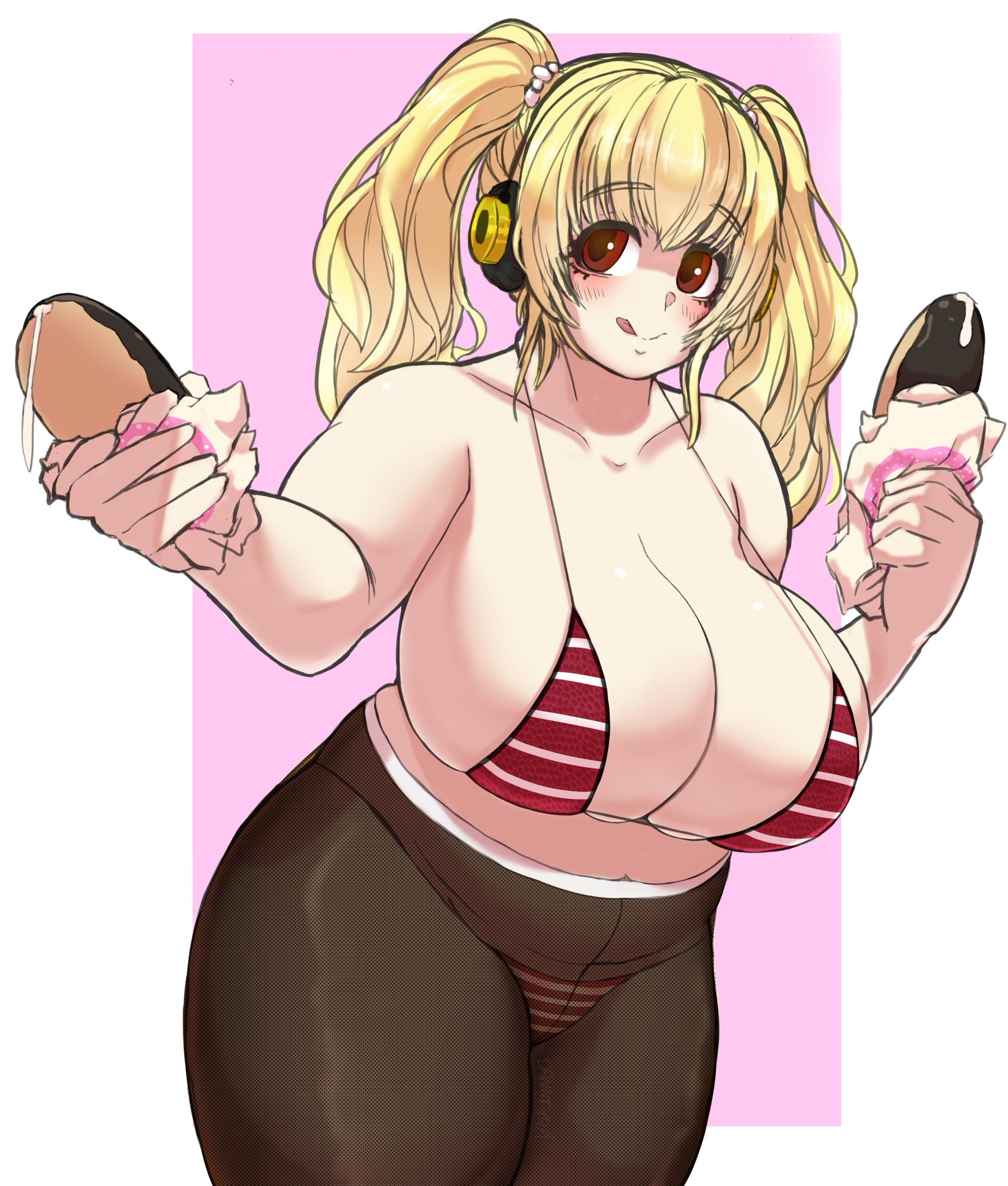 1girls, 2020s, 2025, 2025s, 2d, 2d (artwork), big boobs, big breasts, big tits, big titties, bikini, blonde female, blonde hair, blonde-haired female, blushing, breasts, breasts bigger than head, child bearing hips, cleavage, cleavage overflow, color, colored, curvaceous, curvaceous female, curvaceous figure, curvy body, curvy female, curvy figure, curvy hips, curvy thighs, cute, dannthra, digital drawing (artwork), digital media (artwork), eyebrow piercing, eyebrows, fair-skinned female, female, food, headphones, holding food, holding object, huge boobs, huge breasts, huge tits, licking lips, massive breasts, nitroplus, no background, offering, offering food, offering to viewer, pastry, pink background, red eyes, see-through, see-through bottom, see-through clothing, see-through pants, simple background, slightly chubby, slightly chubby female, smile, smiling, solo female, solo focus, striped bikini, striped bikini bottom, striped swimsuit, super pochaco, swimwear, thick legs, thick thighs, thunder thighs, thunderthighs, twintails, twintails (hairstyle), twitter link, two-tone background, voluptuous, voluptuous female, white background, wide hips