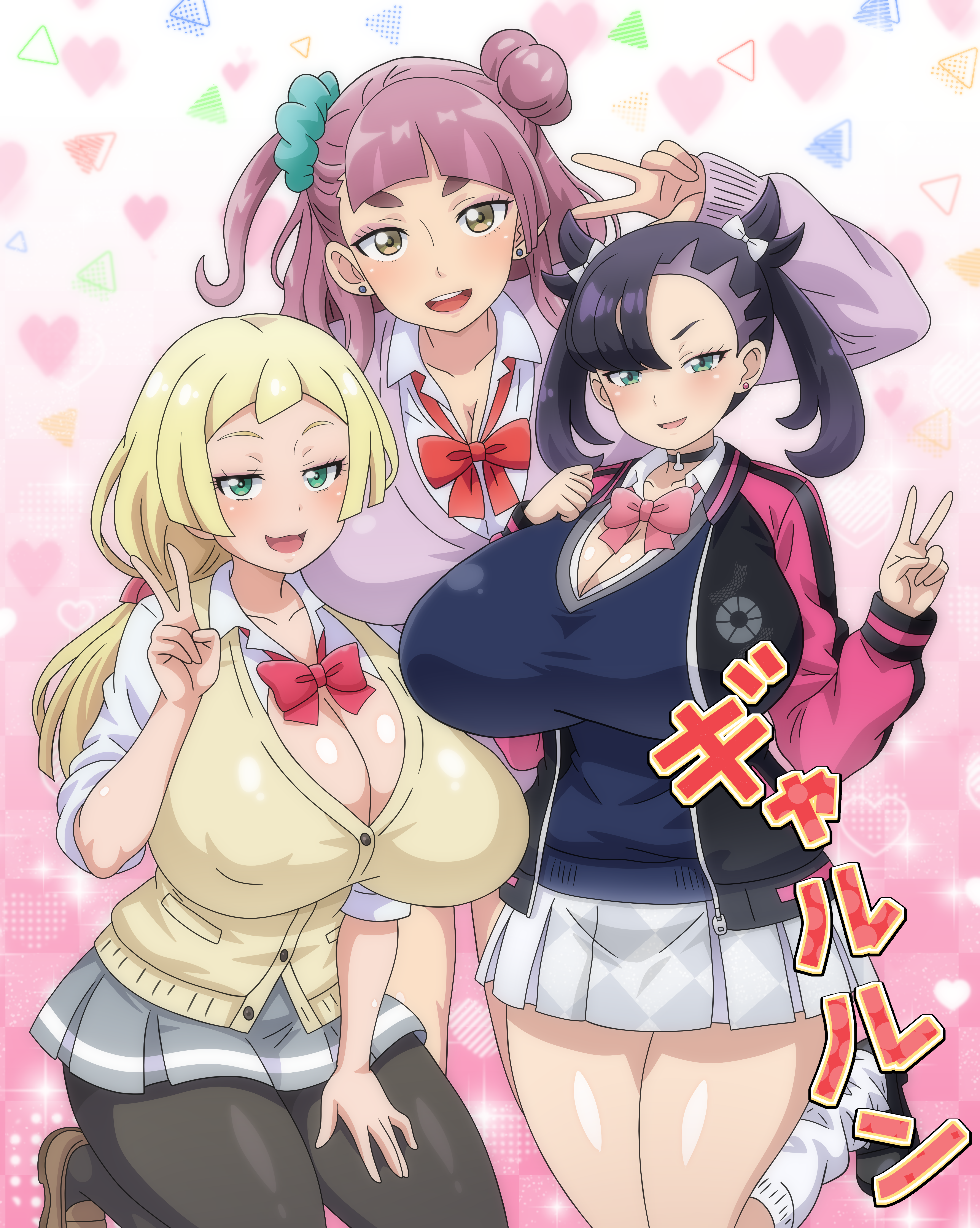 3girls, aged up, alternate breast size, alternate costume, alternate hairstyle, big breasts, bimbo, black hair, blonde hair, bow, bowtie, breasts, breasts bigger than head, brown eyes, collar, colored, earrings, female, game freak, green eyes, gyaru, heart, hitokiwa kenchin, huge breasts, jacket, japanese text, lacey (pokemon), leggings, lillie (pokemon), long hair, looking at viewer, marnie (academy) (pokemon masters), marnie (pokemon), nintendo, nipple bulge, peace sign, pink hair, pokemon, pokemon masters, pokemon masters ex, pokemon sm, pokemon ss, pokemon sv, pokemon sv indigo disk, ponytail, school uniform, schoolgirl, scrunchie, short skirt, skirt, smile, smiling, text, thick thighs, thighs, twintails, yellow eyes