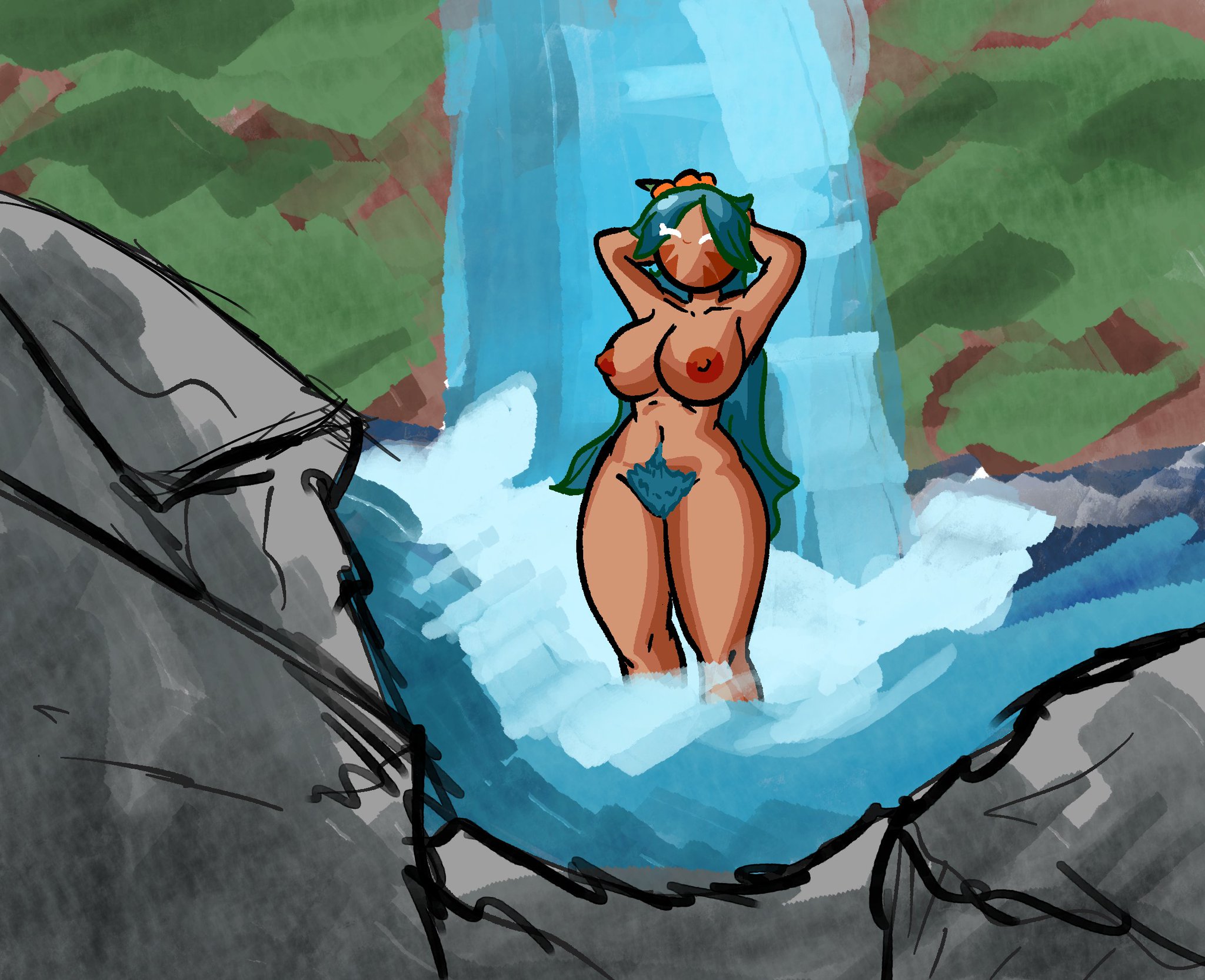 arms behind head, bathing, bathing outside, belly, belly button, big breasts, breasts, carpet matching drapes, chetoh, closed eyes, commission, commissioner upload, completely nude, cookie, cookie run, cookie run kingdom, cookie run ovenbreak, excessive pubic hair, female, female only, female pubic hair, flower, flower in hair, forest, forest background, hairy pussy, naked, naked female, nipples, nude, nude female, orange nipples, pubic hair, pussy, rainforest pussy, smile, smiling, teal hair, teal pubic hair, thick thighs, thighs, tiger lily cookie, tribal markings, washing hair, waterfall, waterfall shower