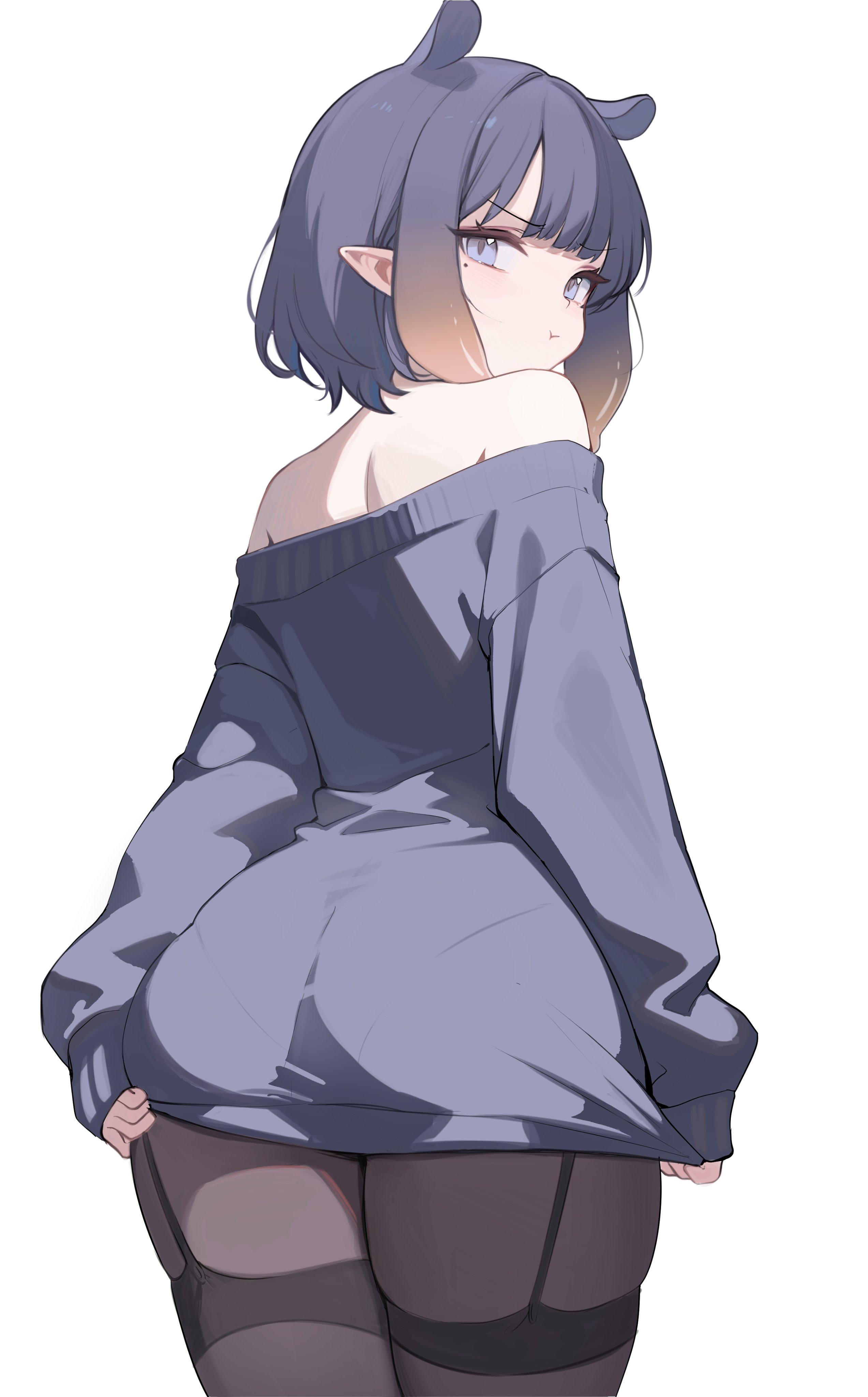 1girl, ass, ass focus, bangs, behind view, big butt, bob cut, elf ears, female, female only, frown, garter straps, hololive, hololive english, koahri, mole under eye, ninomae ina'nis, off shoulder, pantylines, pouting, short hair, sweater, tagme, thick thighs, tights, virtual youtuber, white background