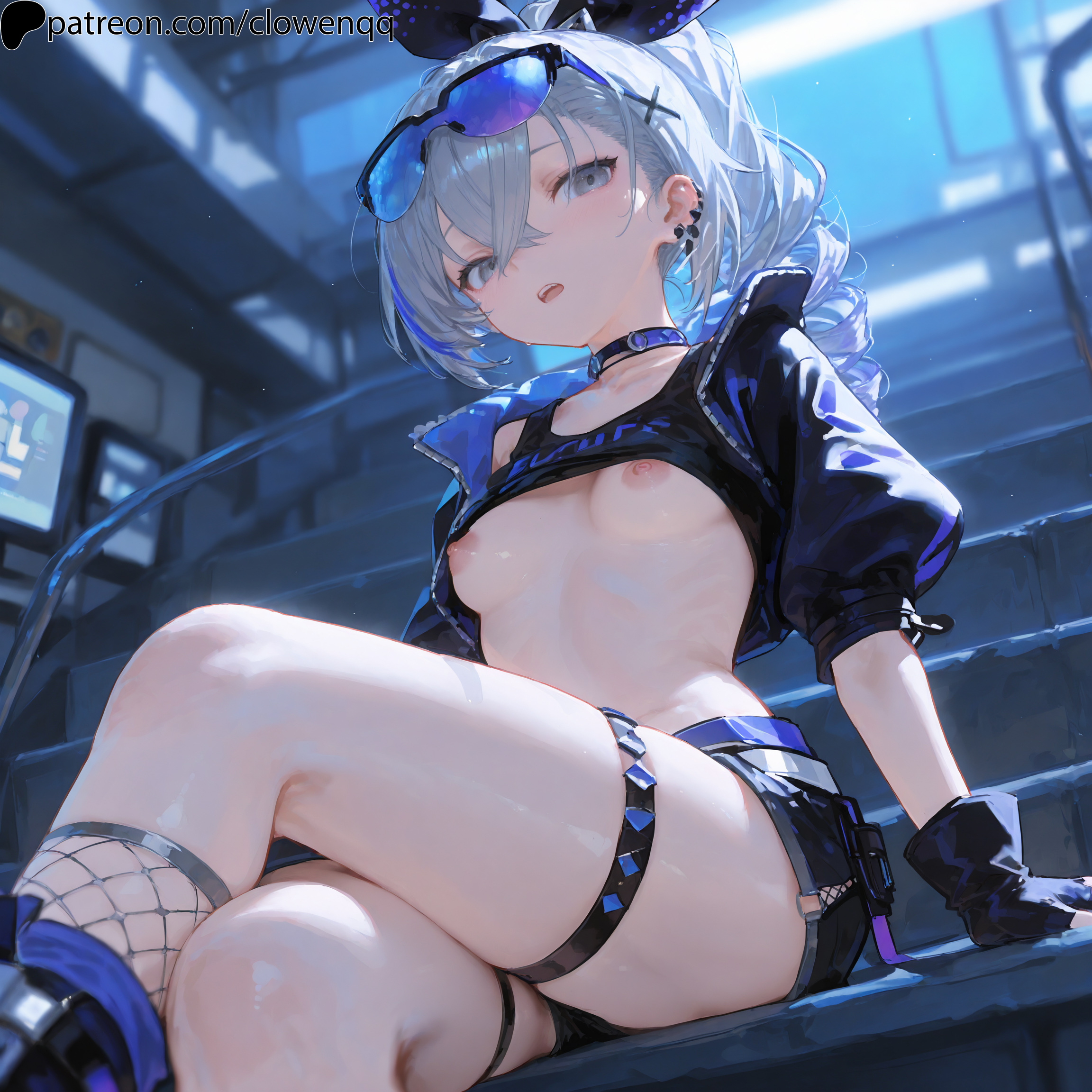 1girls, ai generated, areola, areolae, breasts, clowenqq, crossed legs, exposed breasts, female, female focus, female only, from below, glasses, grey eyes, grey hair, honkai (series), honkai: star rail, looking at viewer, looking down, nipples, no bra, open mouth, silver hair, silver wolf (honkai: star rail), small breasts, solo, solo female, solo focus, thick thighs, thighs