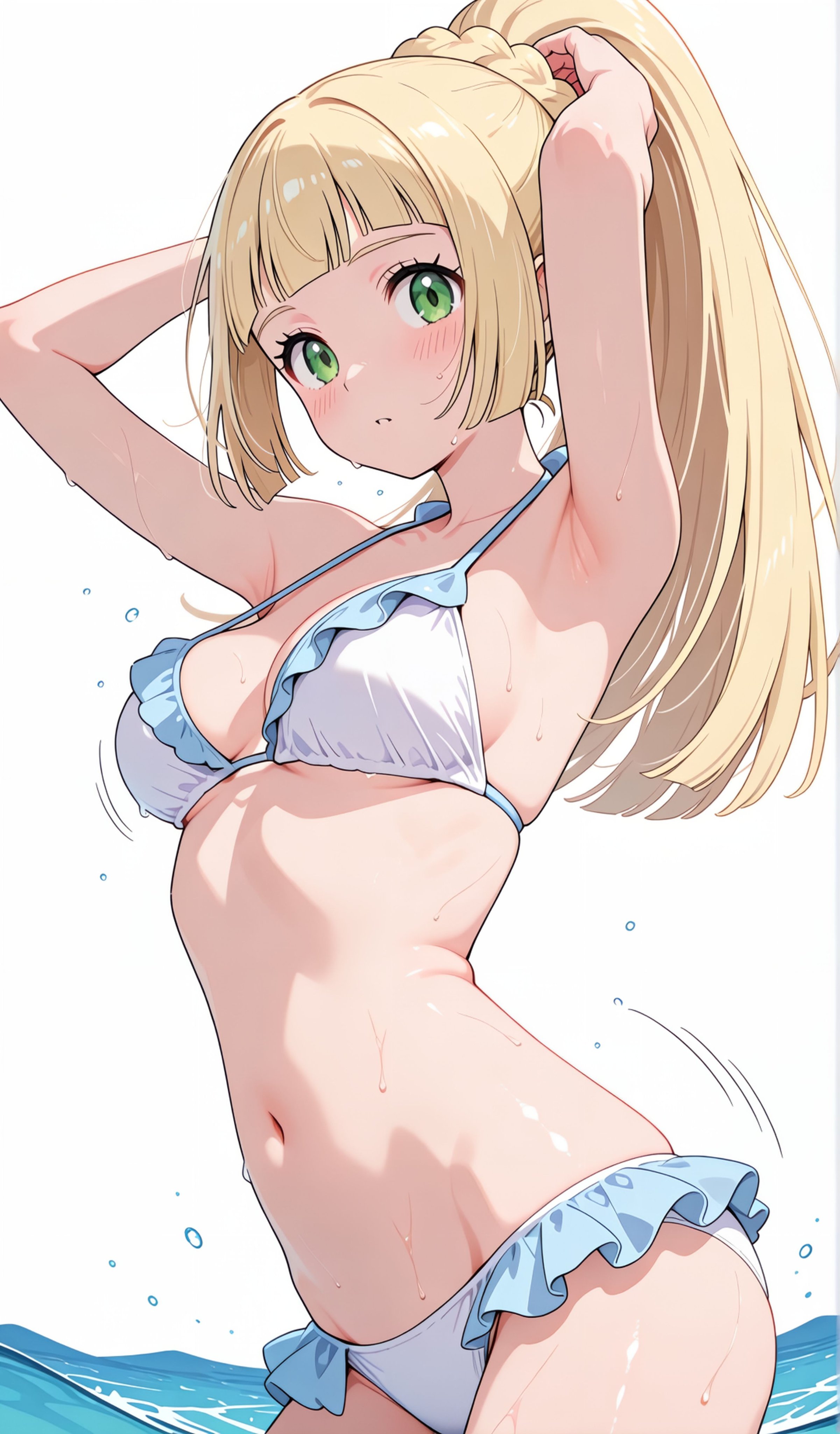 1girls, ai generated, armpits, arms up, bangs, bikini, blonde hair, blunt bangs, blush, braid, breasts, female, female only, frilled bikini, frills, green eyes, lillie (pokemon), long hair, looking at viewer, medium breasts, navel, pokemon, pokemon sm, ponytail, solo, swimsuit, tagme, water, wet, white bikini