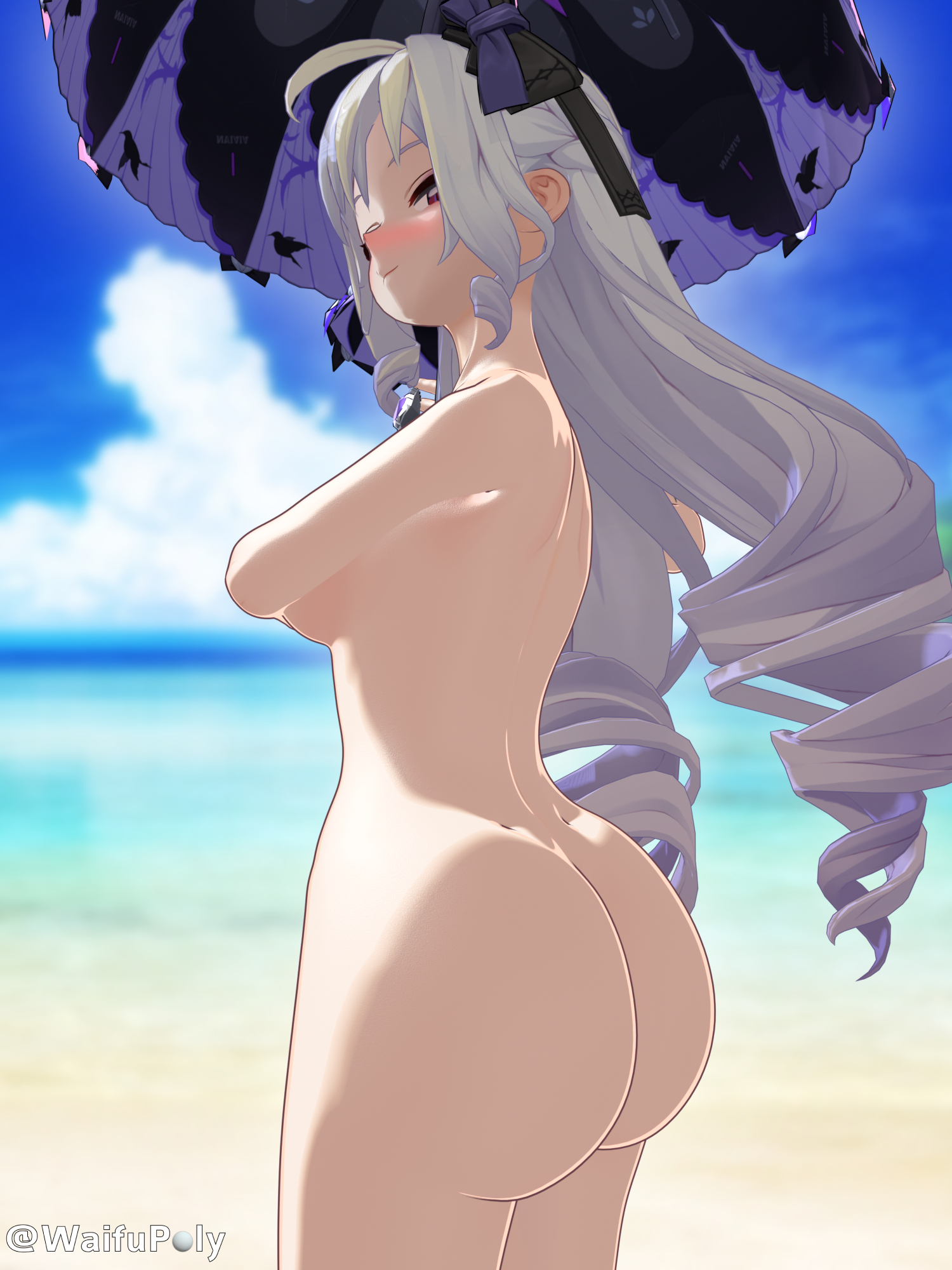 ass, ass focus, beach, beach umbrella, breasts, female, small breasts, vivian (zenless zone zero), vivian banshee, waifupoly, zenless zone zero