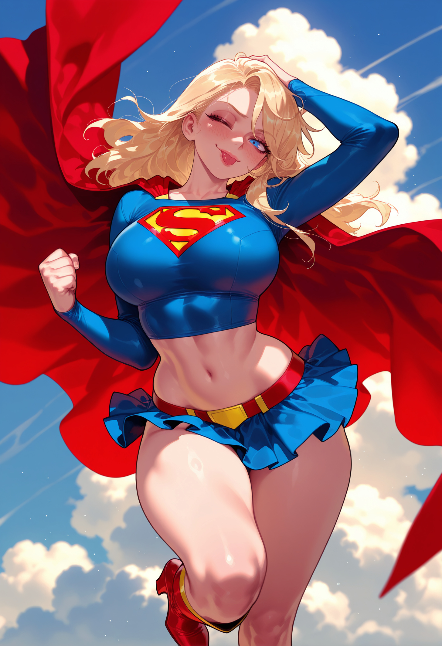;p, :p, 1girls, ai generated, arm up, artist name, balecxi, belt, blonde hair, blue eyes, blue shirt, blue skirt, blue sky, blush, boots, breasts, cape, clenched hand, closed mouth, clothing, cloud, cloudy sky, collarbone, crop top, cropped shirt, curvaceous, curvaceous female, curvaceous figure, curvy, curvy figure, day, dc, dc comics, female, female focus, female only, foot out of frame, footwear, fuck me boots, hand on own head, hand up, high heels, inviting, inviting to sex, kara danvers, kara zor-el, large breasts, leg up, linea alba, lips, long hair, long sleeves, looking at viewer, microskirt, midriff, miniskirt, navel, one eye closed, outdoors, pleated skirt, presenting, presenting ass, presenting breasts, presenting hindquarters, presenting self, red belt, red cape, red footwear, seductive, seductive look, seductive smile, shiny skin, shirt, skirt, sky, smile, solo, standing, stomach, supergirl, supergirl (series), superhero, superman (series), taut clothes, taut shirt, thighs, tongue, tongue out, voluptuous, voluptuous female