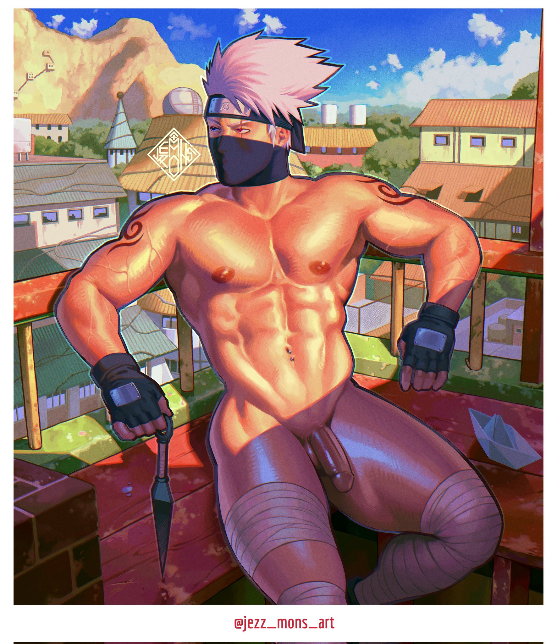 1boy, abs, bandaged leg, bara, erection, fingerless gloves, gay, gay male, hatake kakashi, headband, jezz mons nsfw, looking away, male, male only, mask, masked male, muscular, muscular male, naruto, naruto (series), naruto shippuden, nude, nude male, penis, solo, thick thighs, yaoi