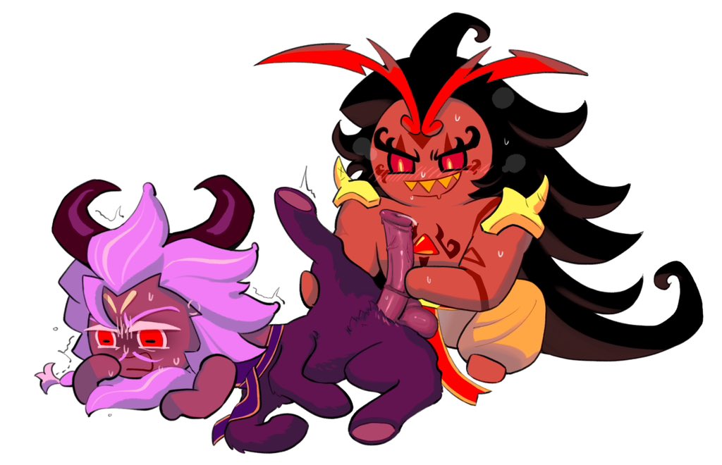 2boys big_cock blush buffalo burning_spice_cookie cookie_run cookie_run_kingdom drooling holding_penis male pre_cum saffron_buffalo_cookie sweat yaoi