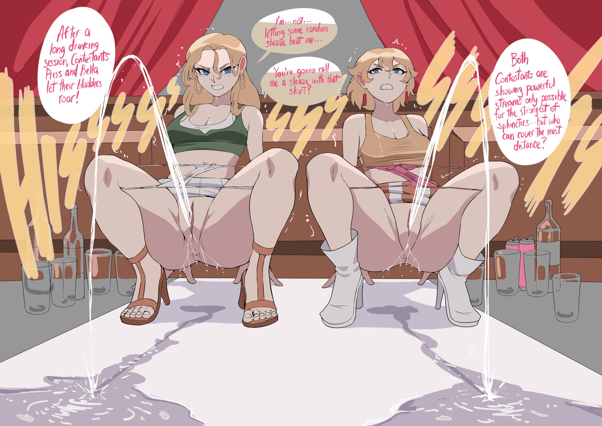 2girls, anus, bella (biku), big breasts, biku, blonde hair, blue eyes, bow, bow panties, breasts, brown footwear, cleavage, clenched teeth, contest, earrings, empty bottle, empty glass, english text, female, green shirt, hoop earrings, large breasts, long hair, open toe footwear, open toe shoes, original, peeing, peeing on floor, peeing together, pink panties, pink underwear, pissing, pissing contest, pissing on floor, priss (biku), pussy, sandal heels, sandals, short hair, skirt, skirt lift, skirt up, speech bubble, spread legs, squatting, stage, stained panties, striped, striped skirt, sweat, text, text bubble, underwear, urination, vagina, wet, wet panties, white footwear, white panties, white skirt, white underwear, yellow shirt