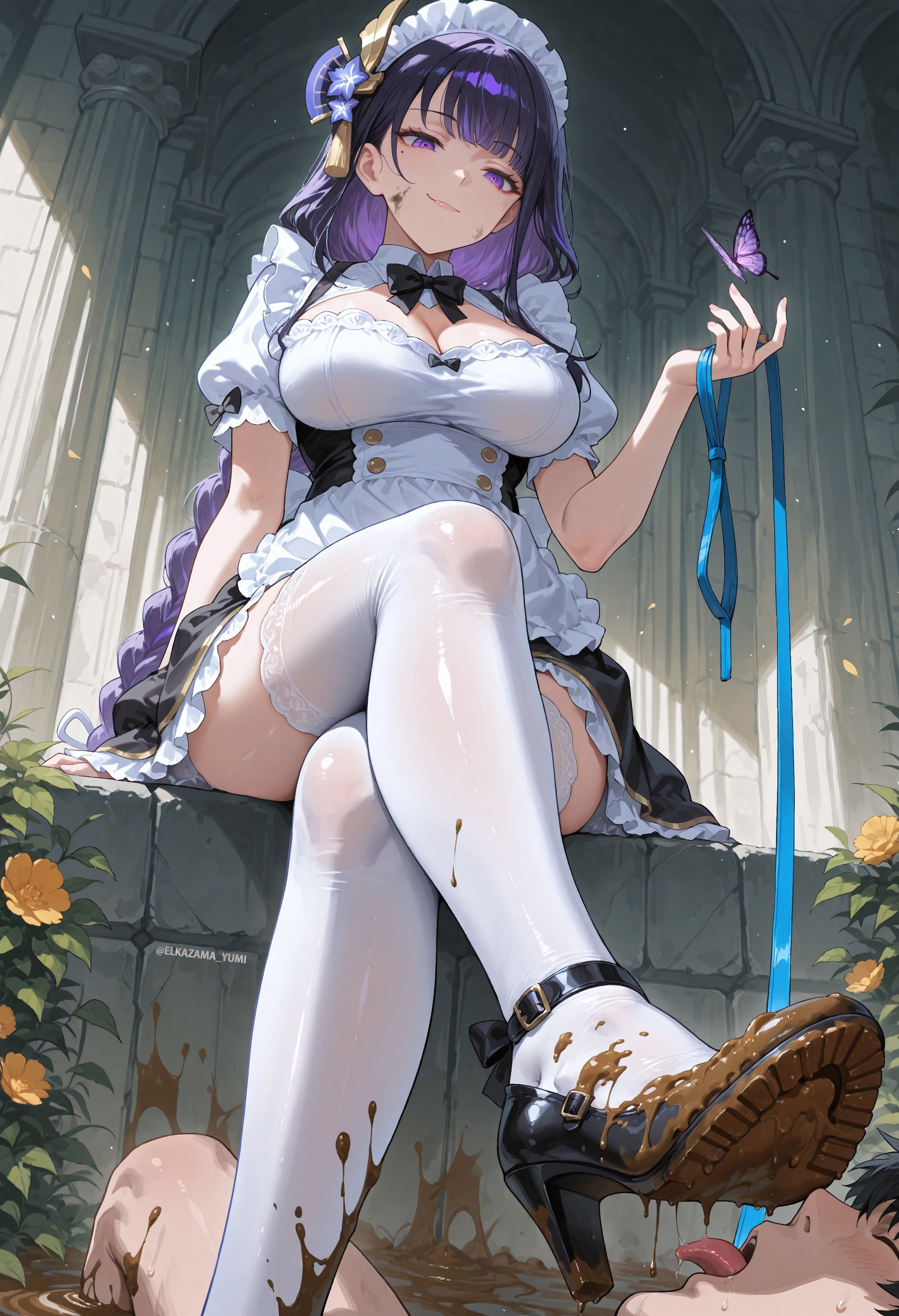 ai generated, butterfly, elkazama yumi, female, femdom, foot fetish, genshin impact, licking, licking mud, licking soles, maid, maid uniform, mud, open mouth, purple eyes, purple hair, raiden shogun, soles fetish, tongue out