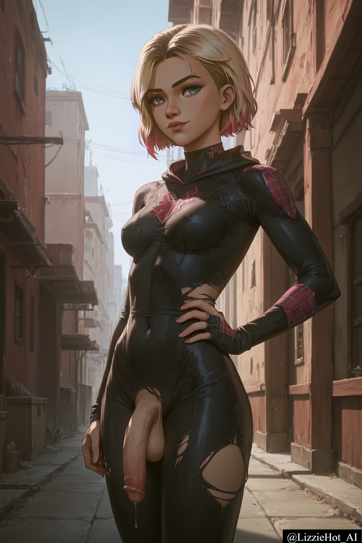 ai generated, futanari, gwen stacy, intersex, lizziehot ai, marvel, marvel comics, spider-gwen, spider-verse